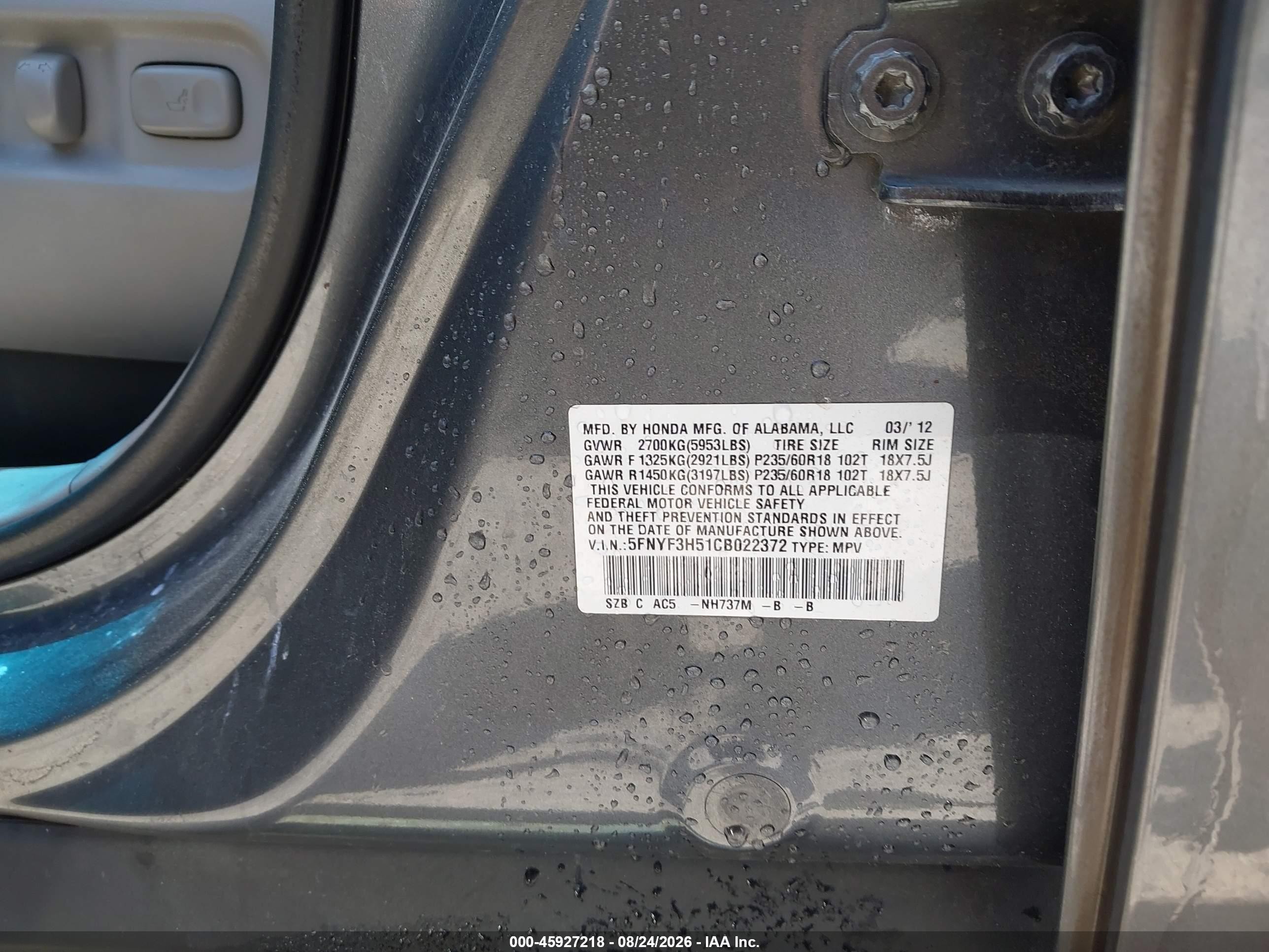 2012 Honda Pilot Ex-l Gray vin: 5FNYF3H51CB022372