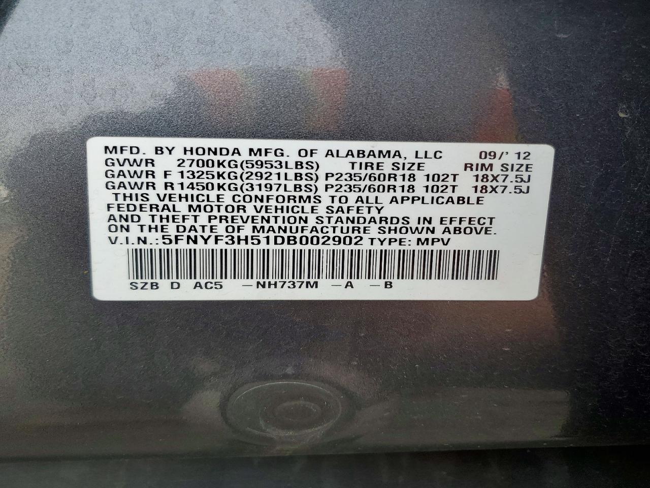 2013 Honda Pilot Exl Gray vin: 5FNYF3H51DB002902