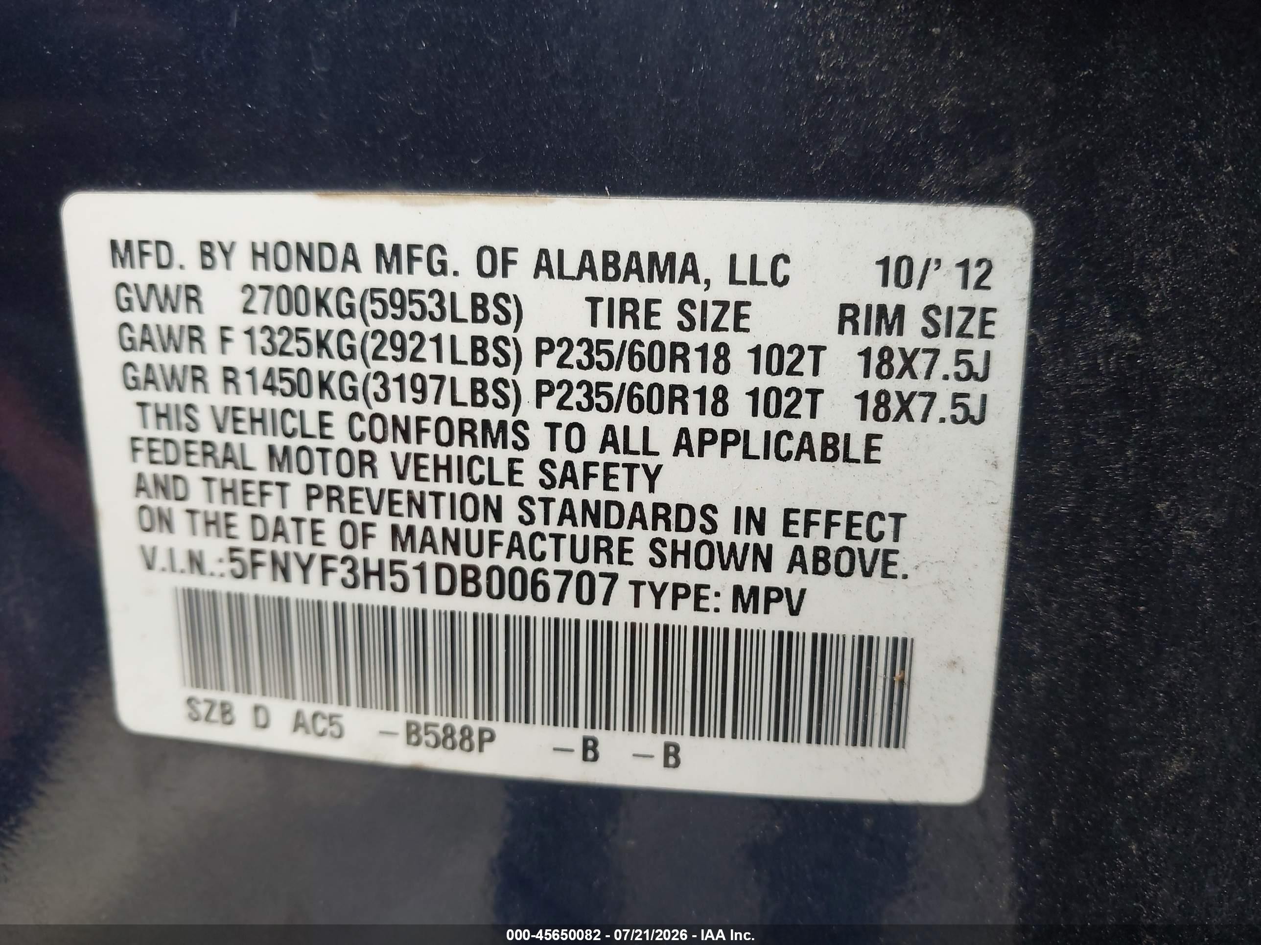 2013 Honda Pilot Ex-l Blue vin: 5FNYF3H51DB006707