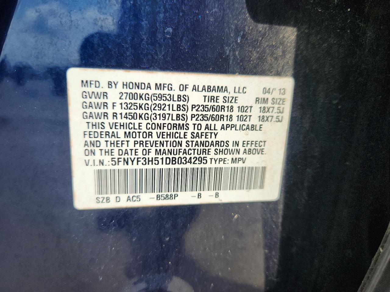 2013 Honda Pilot Exl Blue vin: 5FNYF3H51DB034295