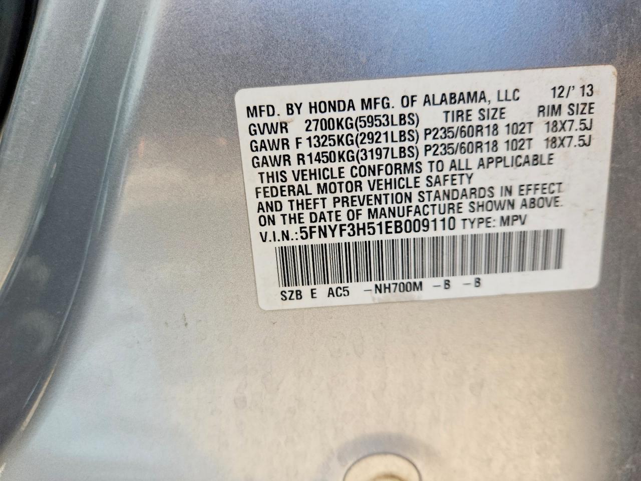 2014 Honda Pilot Exl Silver vin: 5FNYF3H51EB009110