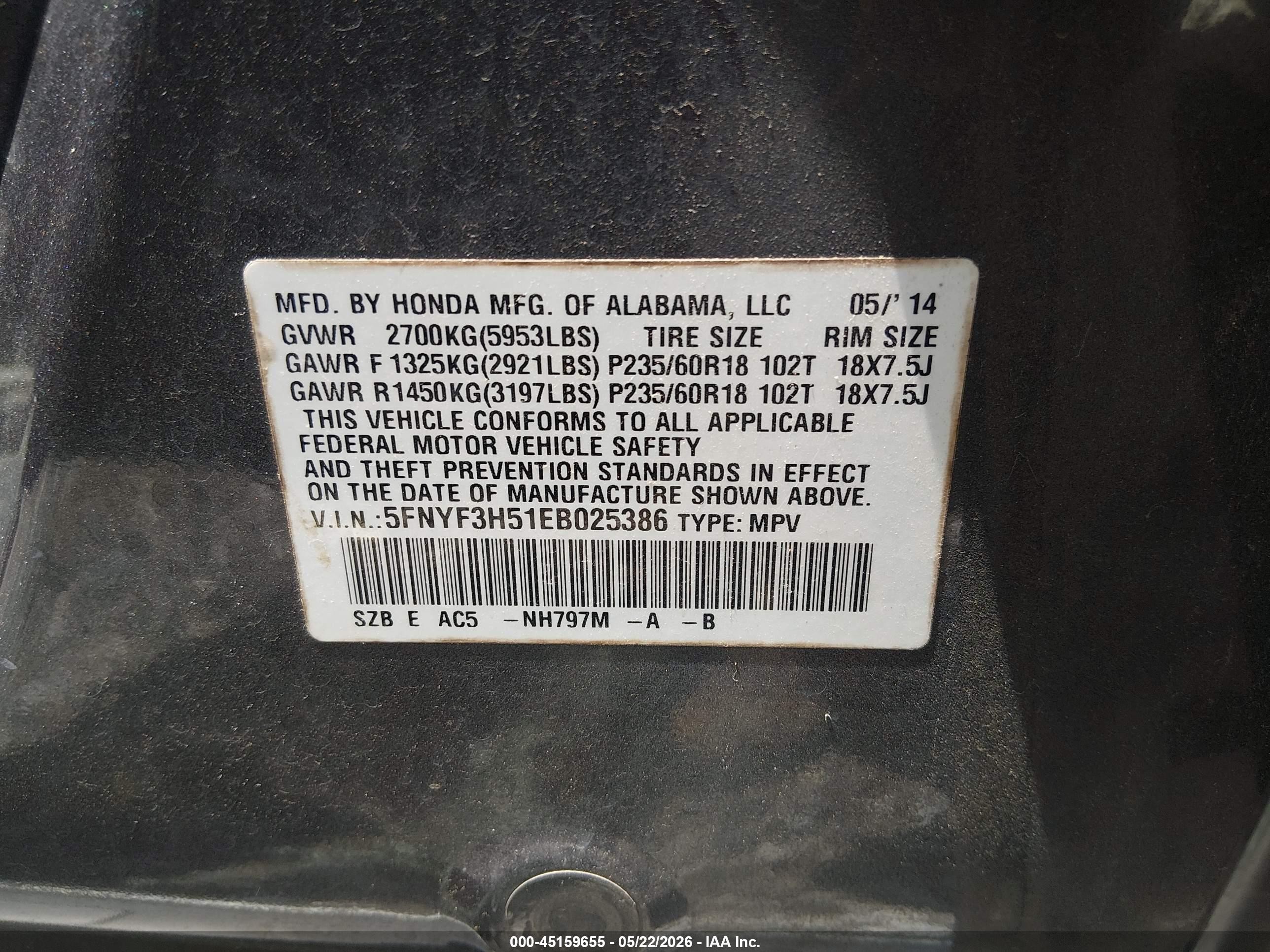 2014 Honda Pilot Ex-l Gray vin: 5FNYF3H51EB025386