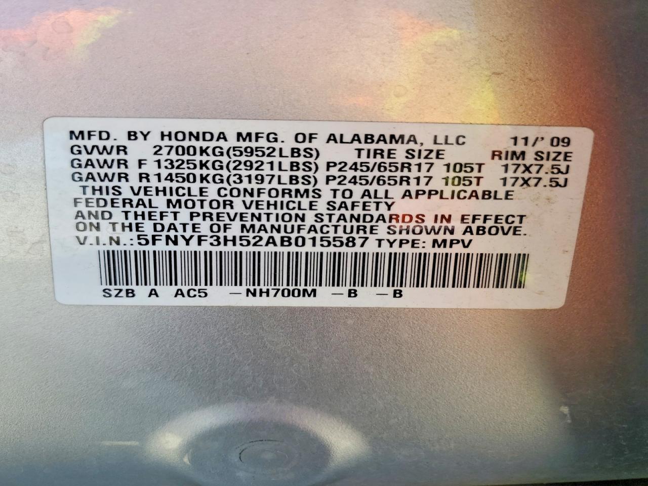 2010 Honda Pilot Exl Silver vin: 5FNYF3H52AB015587