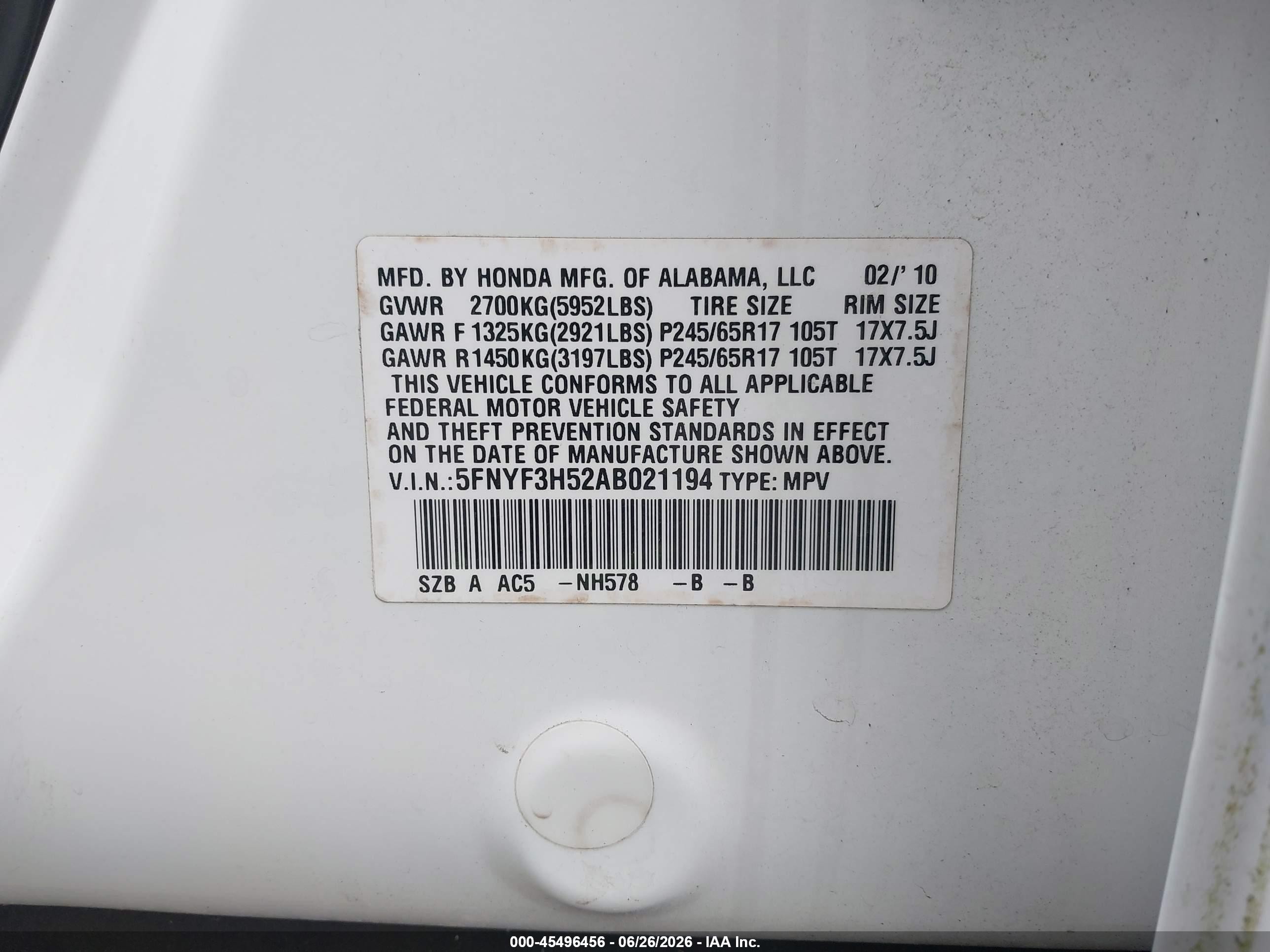2010 Honda Pilot Ex-l White vin: 5FNYF3H52AB021194
