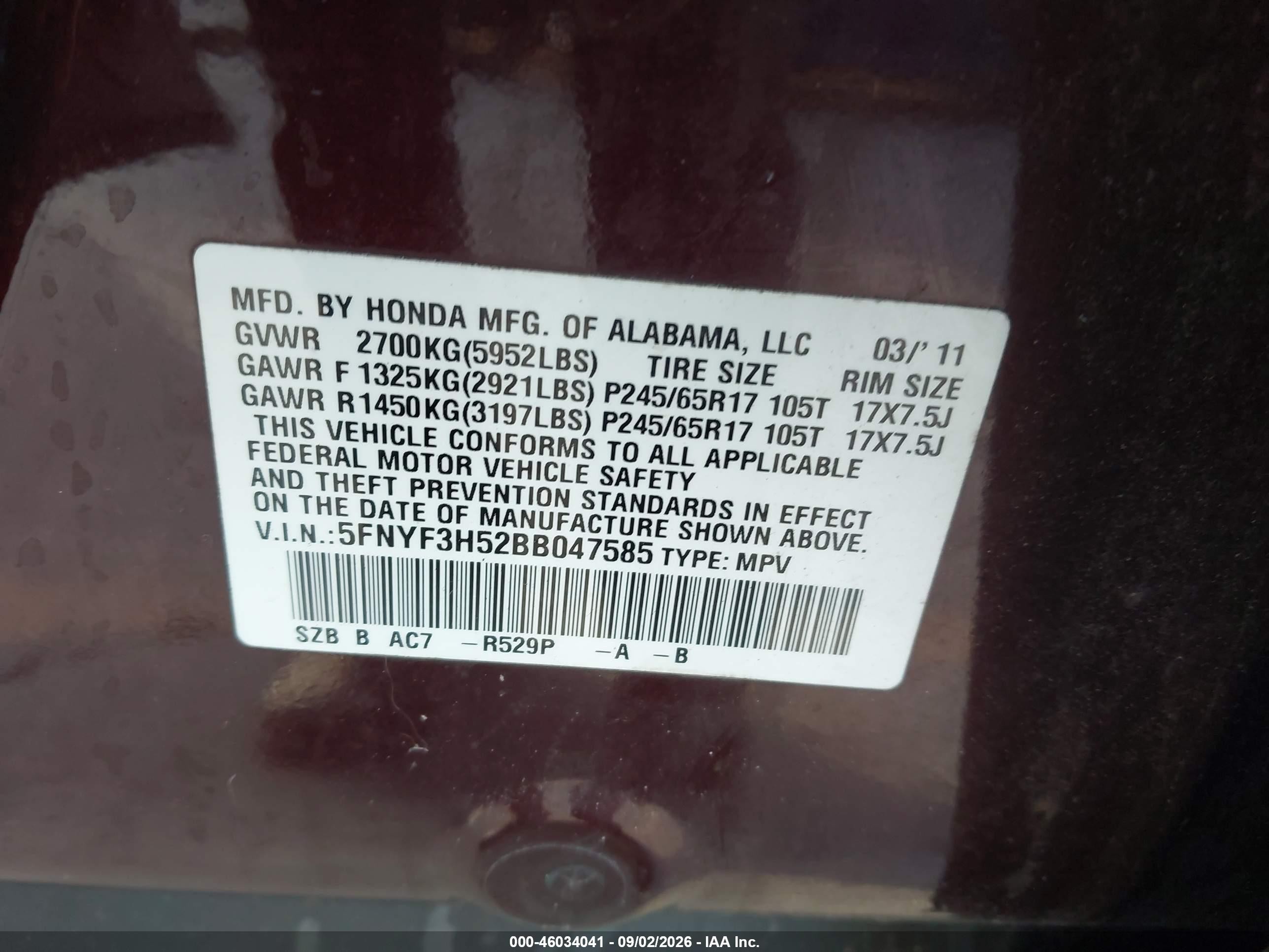 2011 Honda Pilot Ex-l Burgundy vin: 5FNYF3H52BB047585