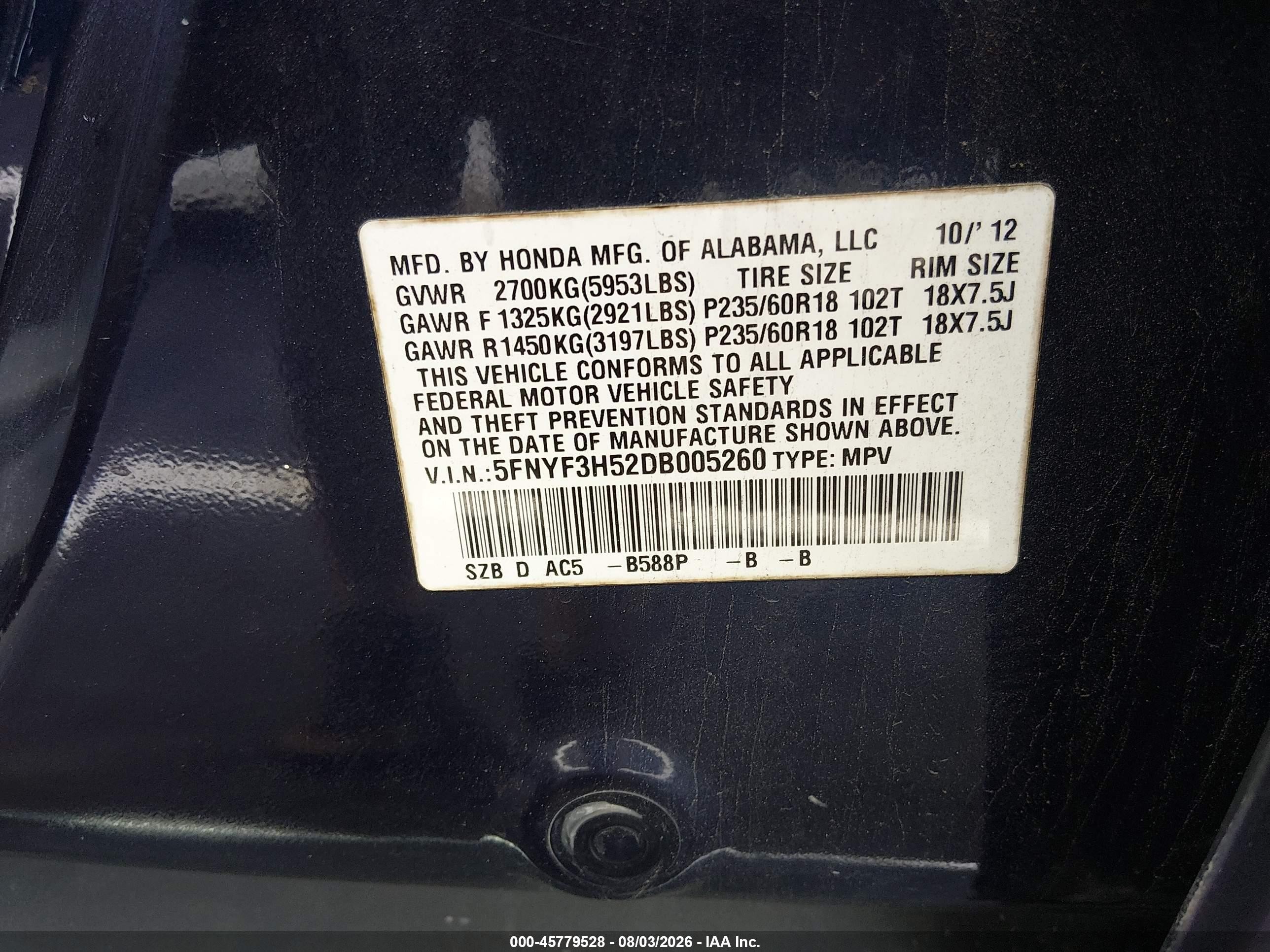 2013 Honda Pilot Ex-l Blue vin: 5FNYF3H52DB005260