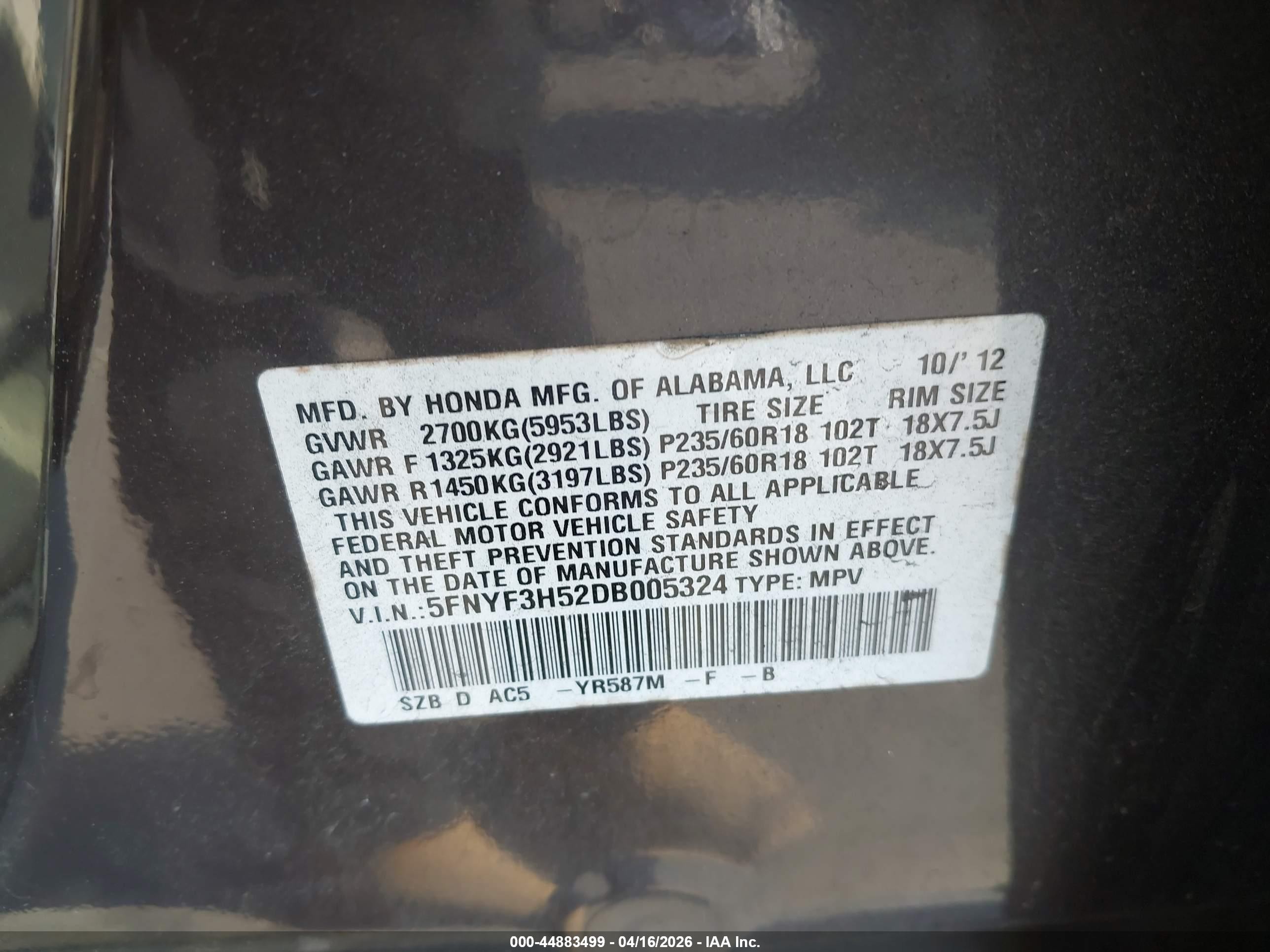 2013 Honda Pilot Ex-l Black vin: 5FNYF3H52DB005324