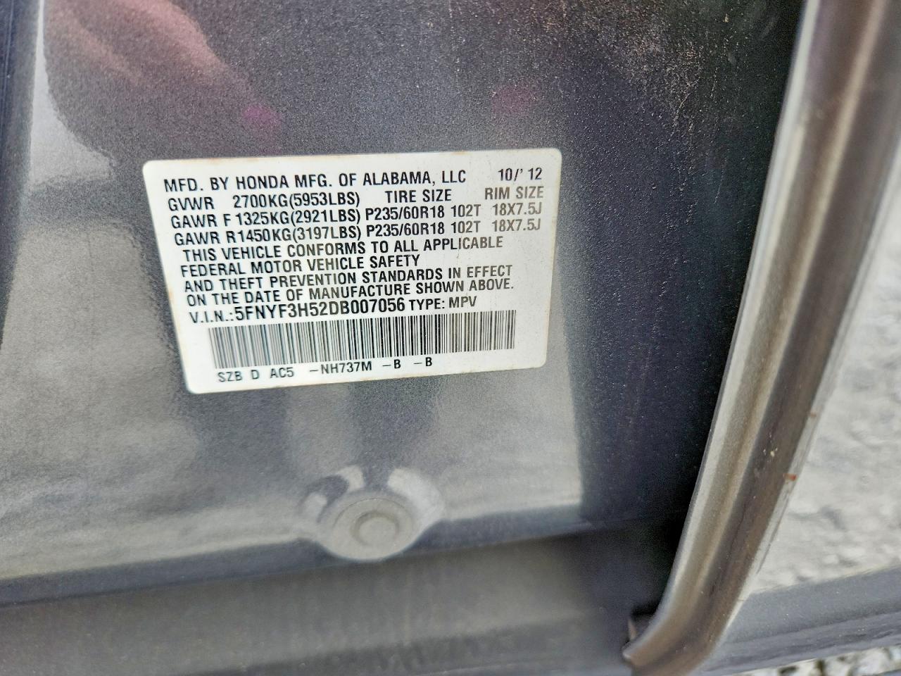 2013 Honda Pilot Exl Gray vin: 5FNYF3H52DB007056