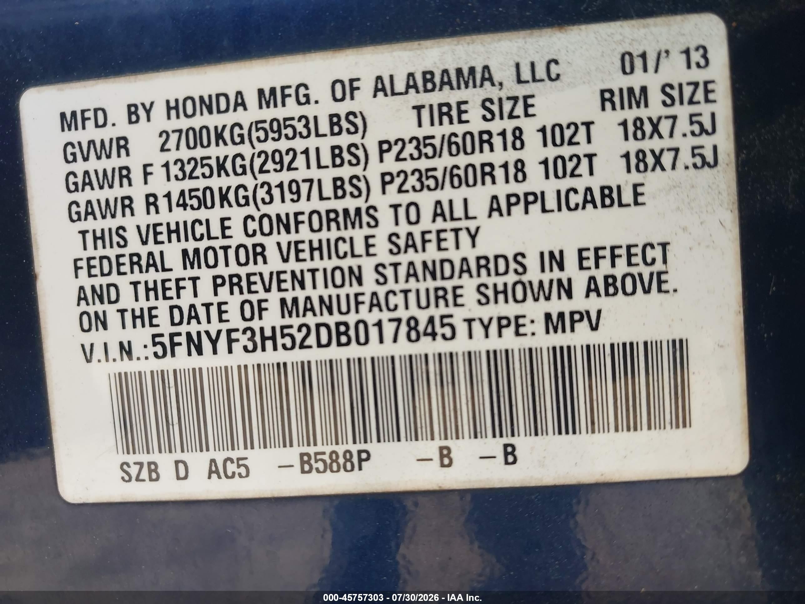 2013 Honda Pilot Ex-l Blue vin: 5FNYF3H52DB017845