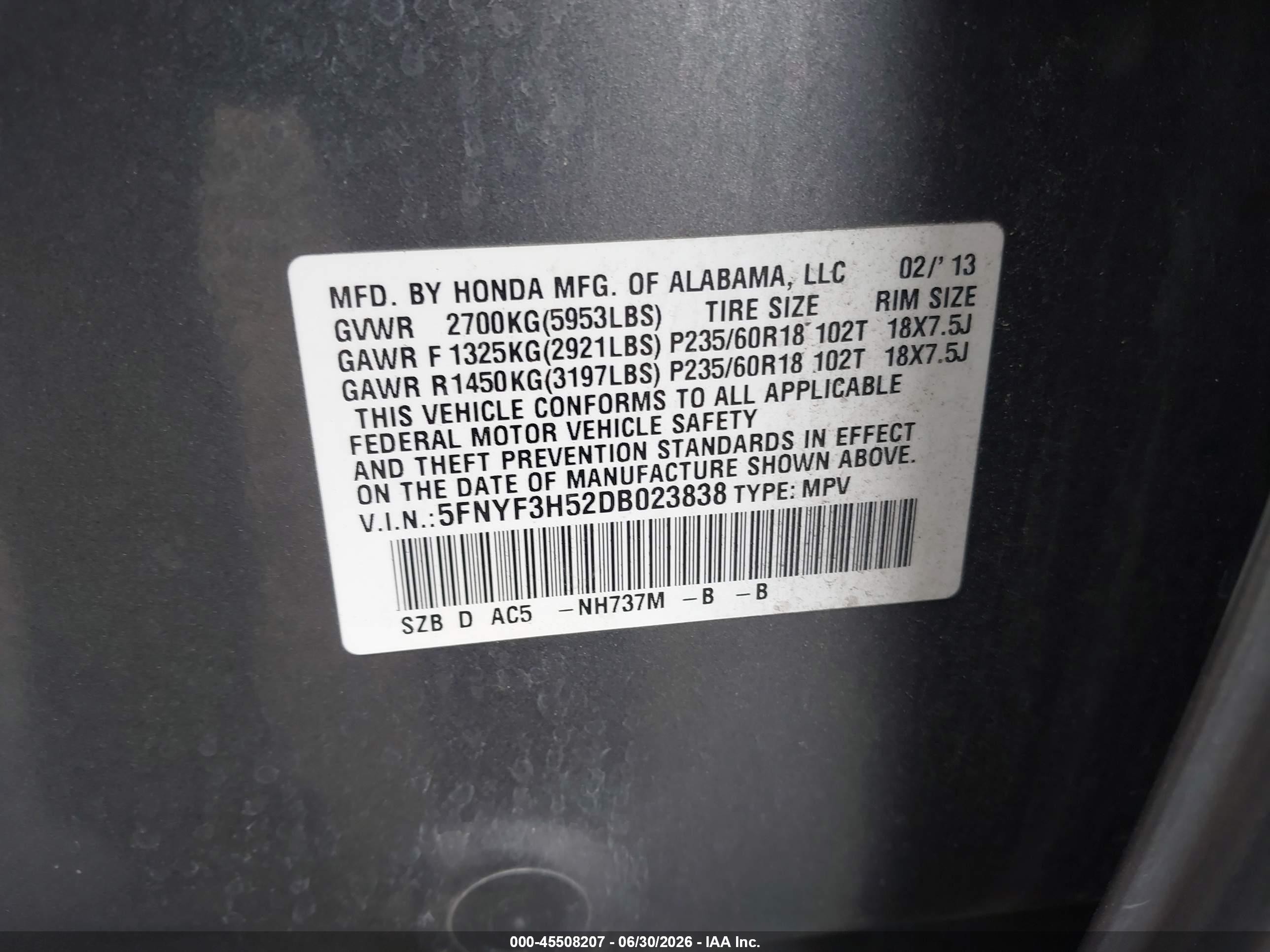 2013 Honda Pilot Ex-l Gray vin: 5FNYF3H52DB023838
