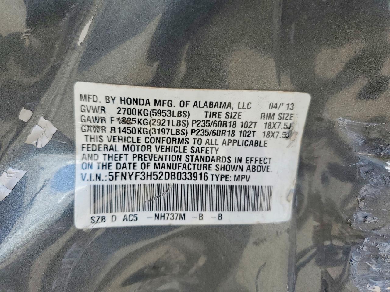 2013 Honda Pilot Ex-l( With Navi) Gray vin: 5FNYF3H52DB033916