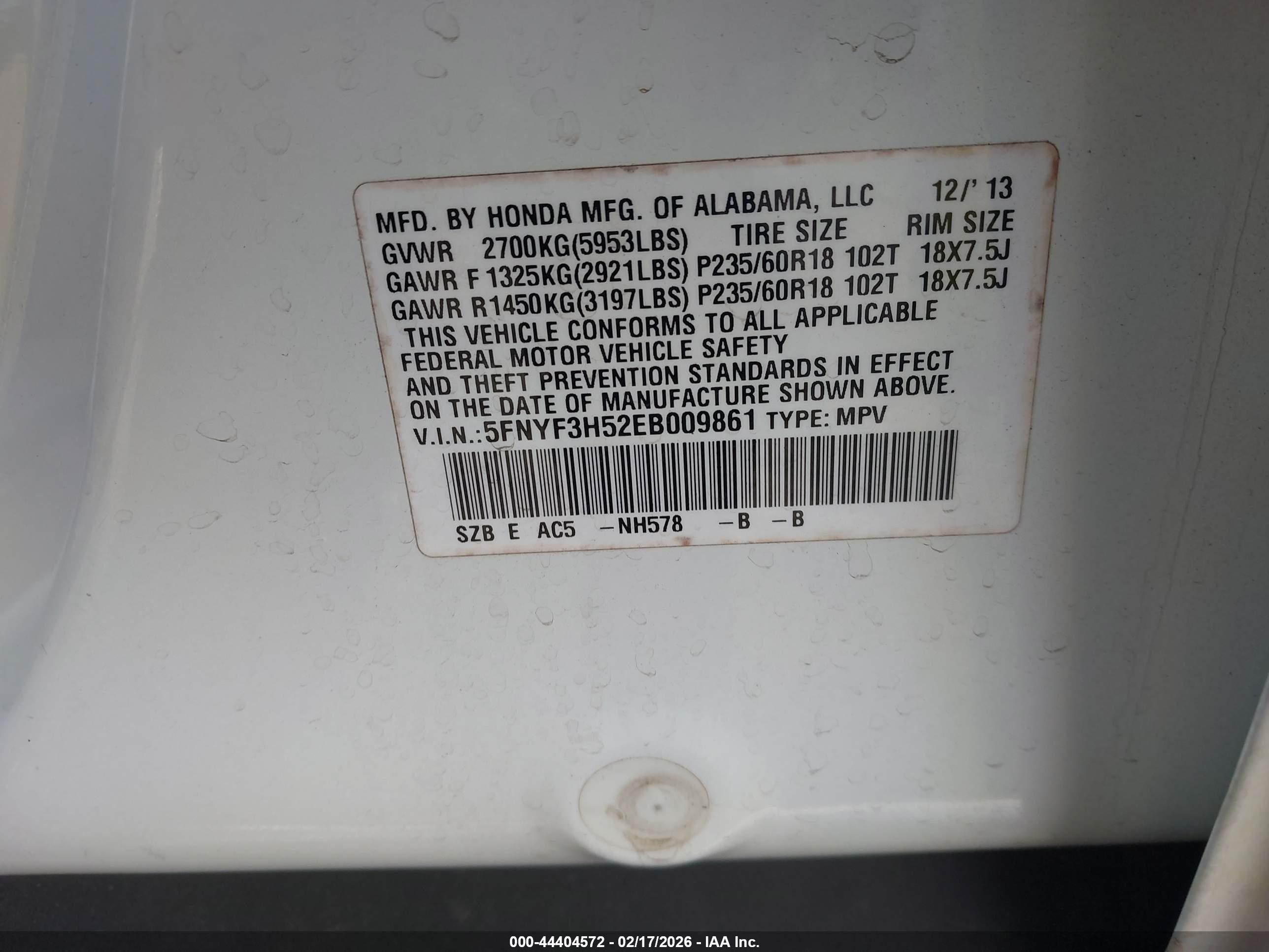 2014 Honda Pilot Ex-l Белый vin: 5FNYF3H52EB009861