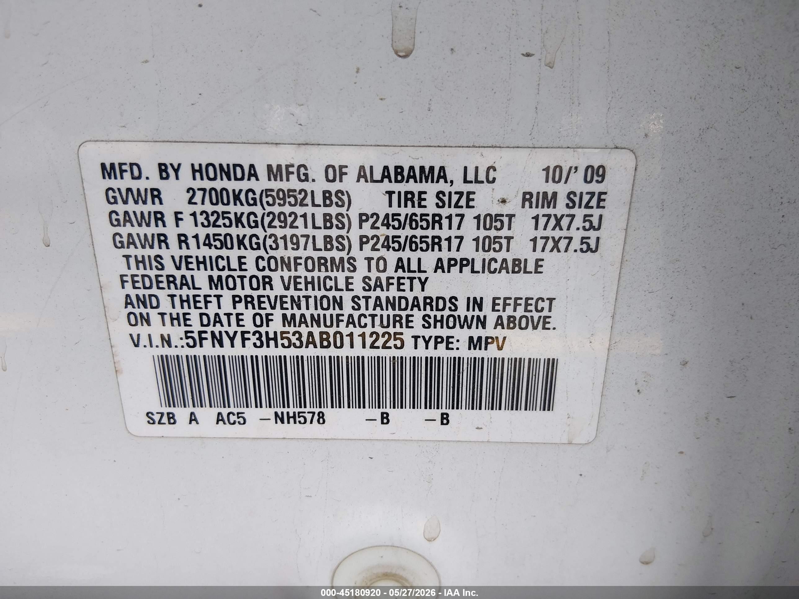 2010 Honda Pilot Ex-l White vin: 5FNYF3H53AB011225