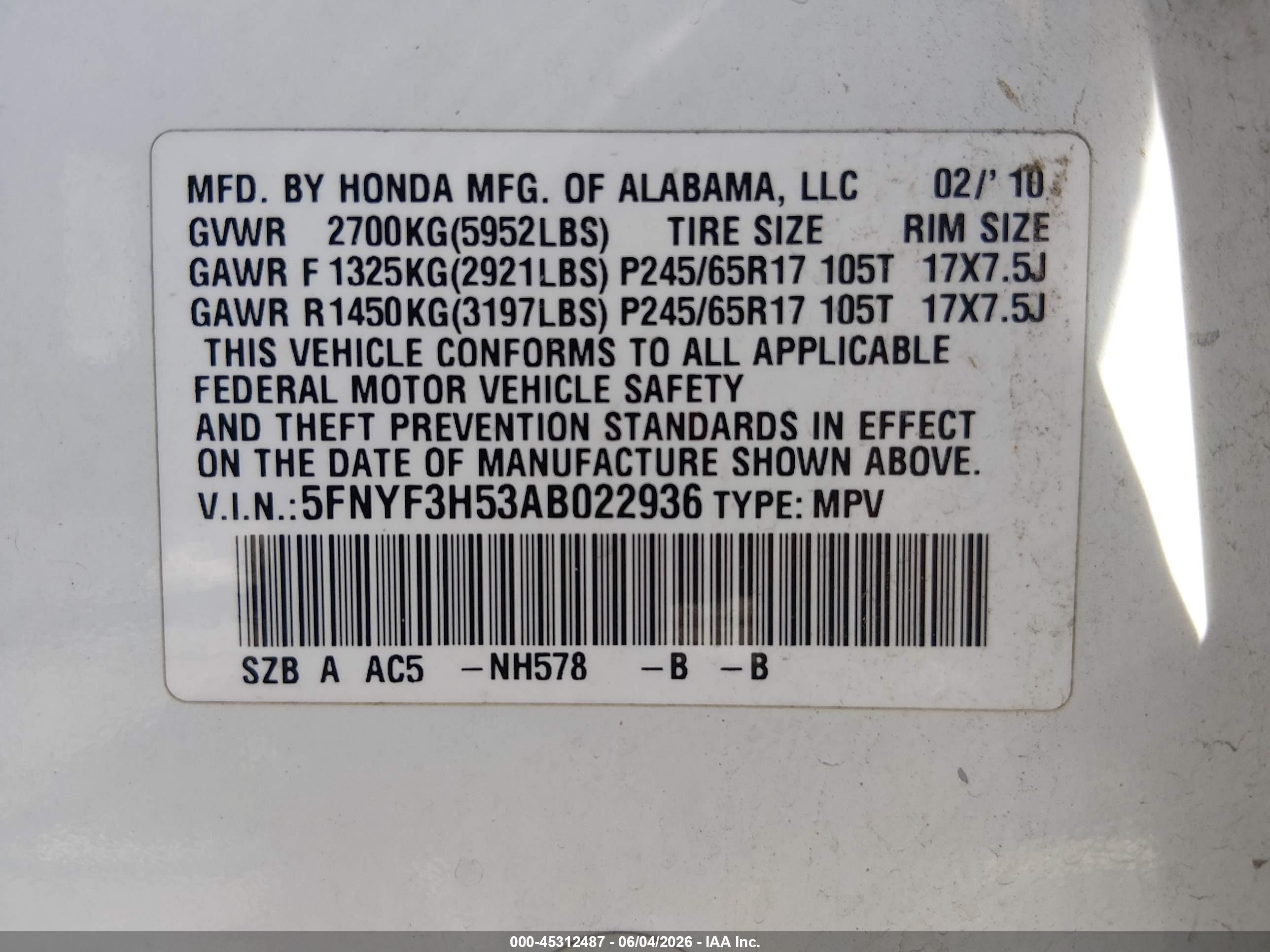 2010 Honda Pilot Ex-l White vin: 5FNYF3H53AB022936