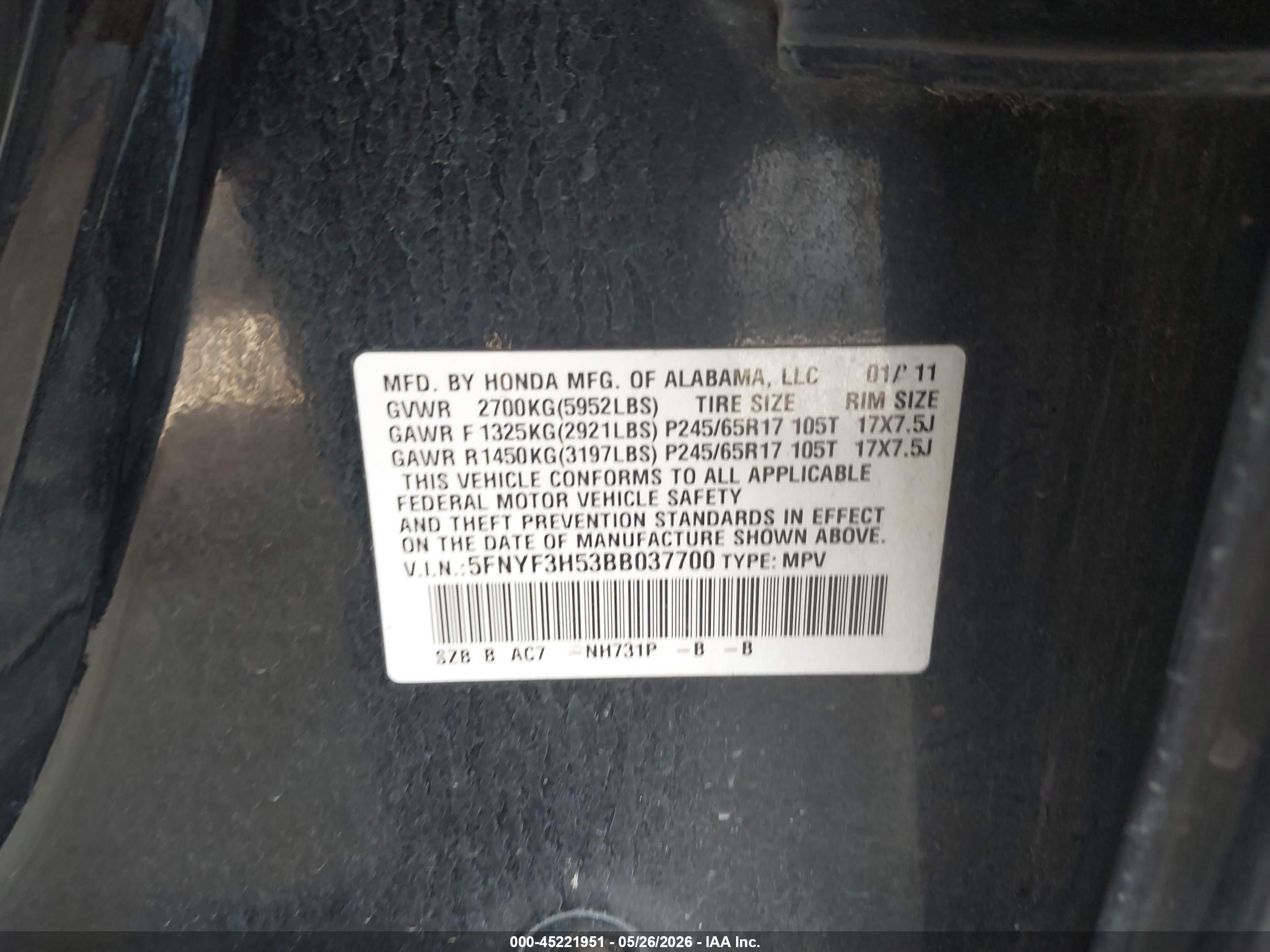 2011 Honda Pilot Ex-l Black vin: 5FNYF3H53BB037700