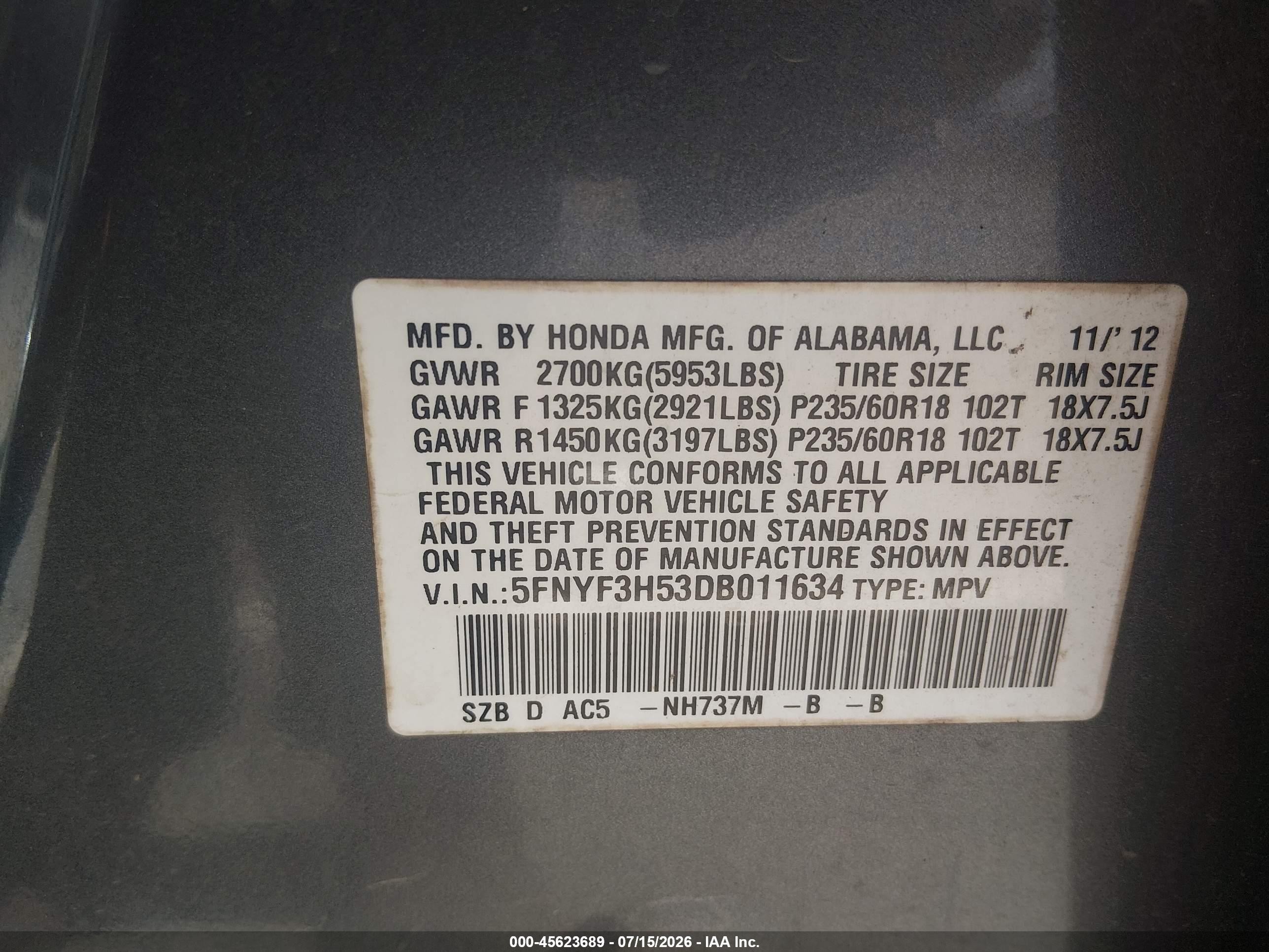 2013 Honda Pilot Ex-l Gray vin: 5FNYF3H53DB011634