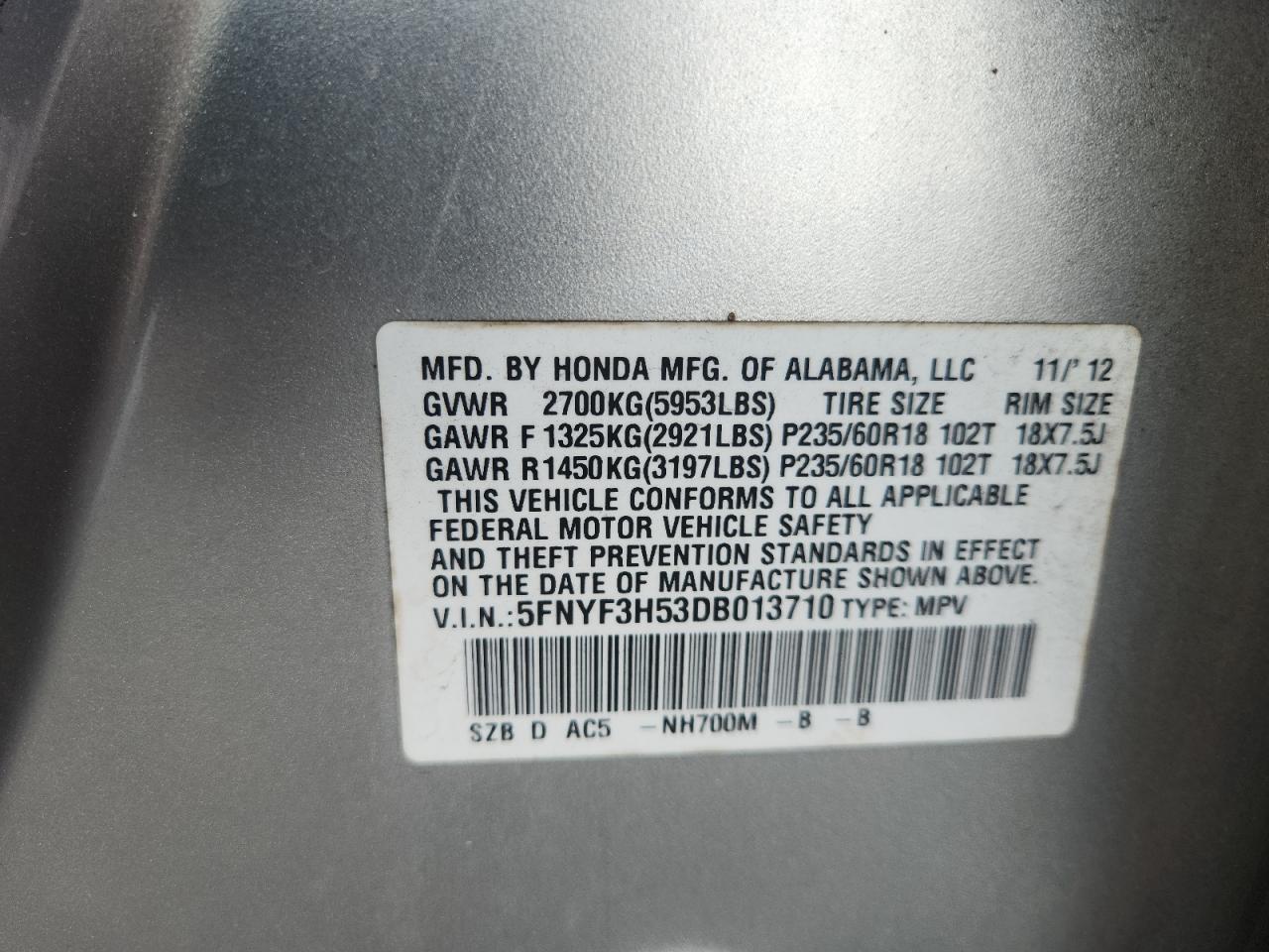 2013 Honda Pilot Exl Silver vin: 5FNYF3H53DB013710