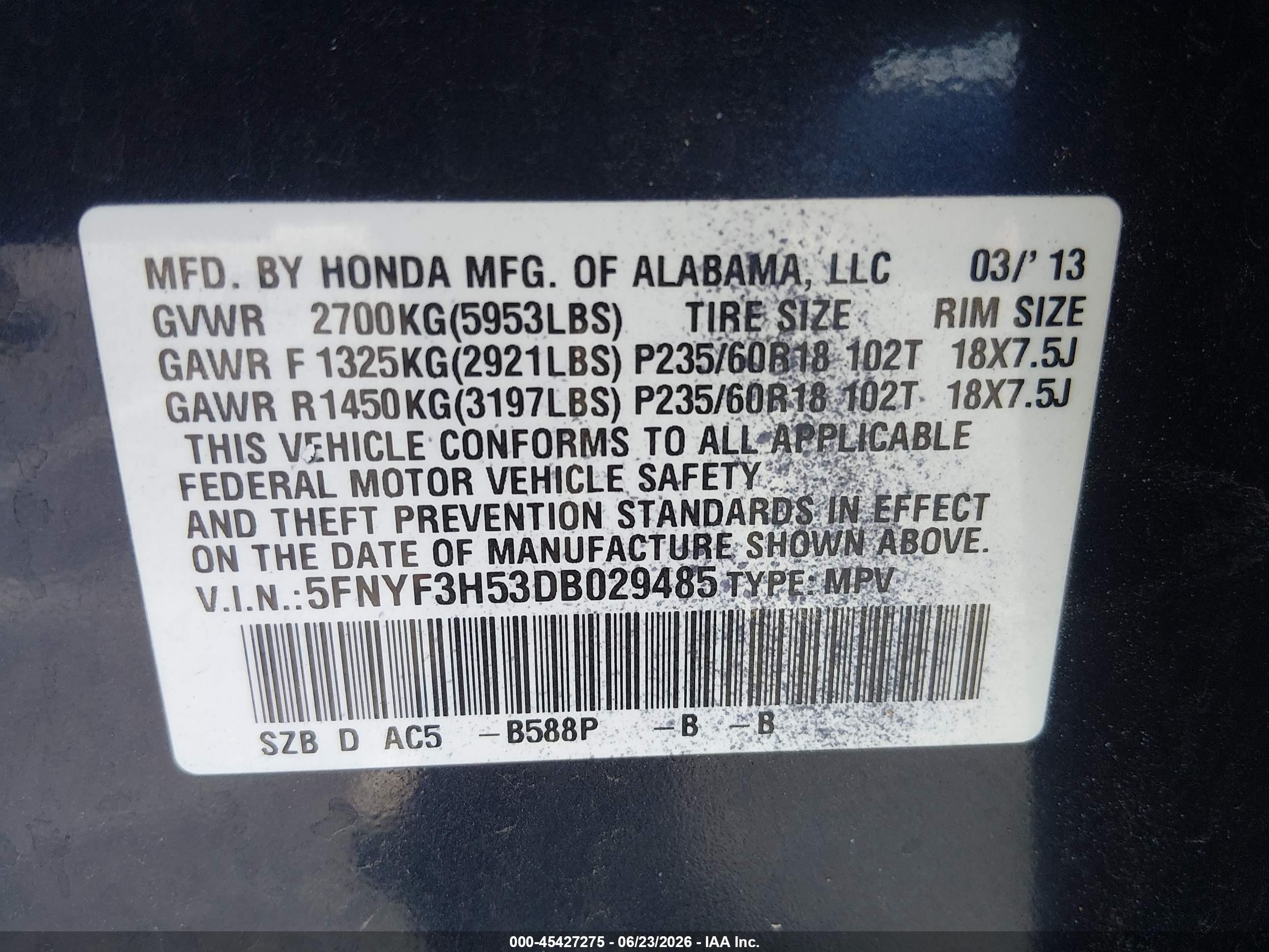 2013 Honda Pilot Ex-l Blue vin: 5FNYF3H53DB029485
