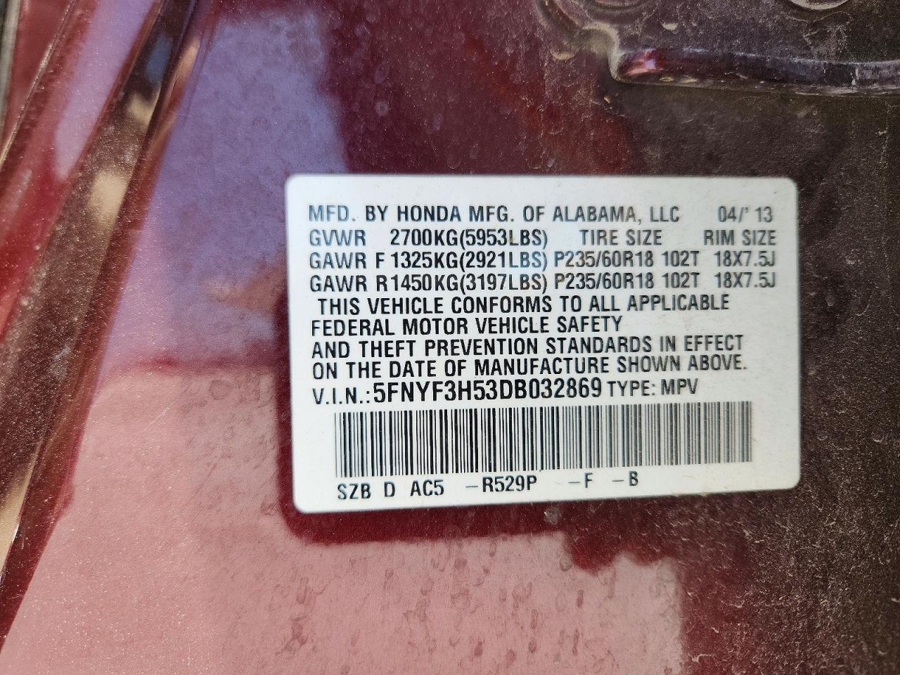 2013 Honda Pilot Exl Maroon vin: 5FNYF3H53DB032869