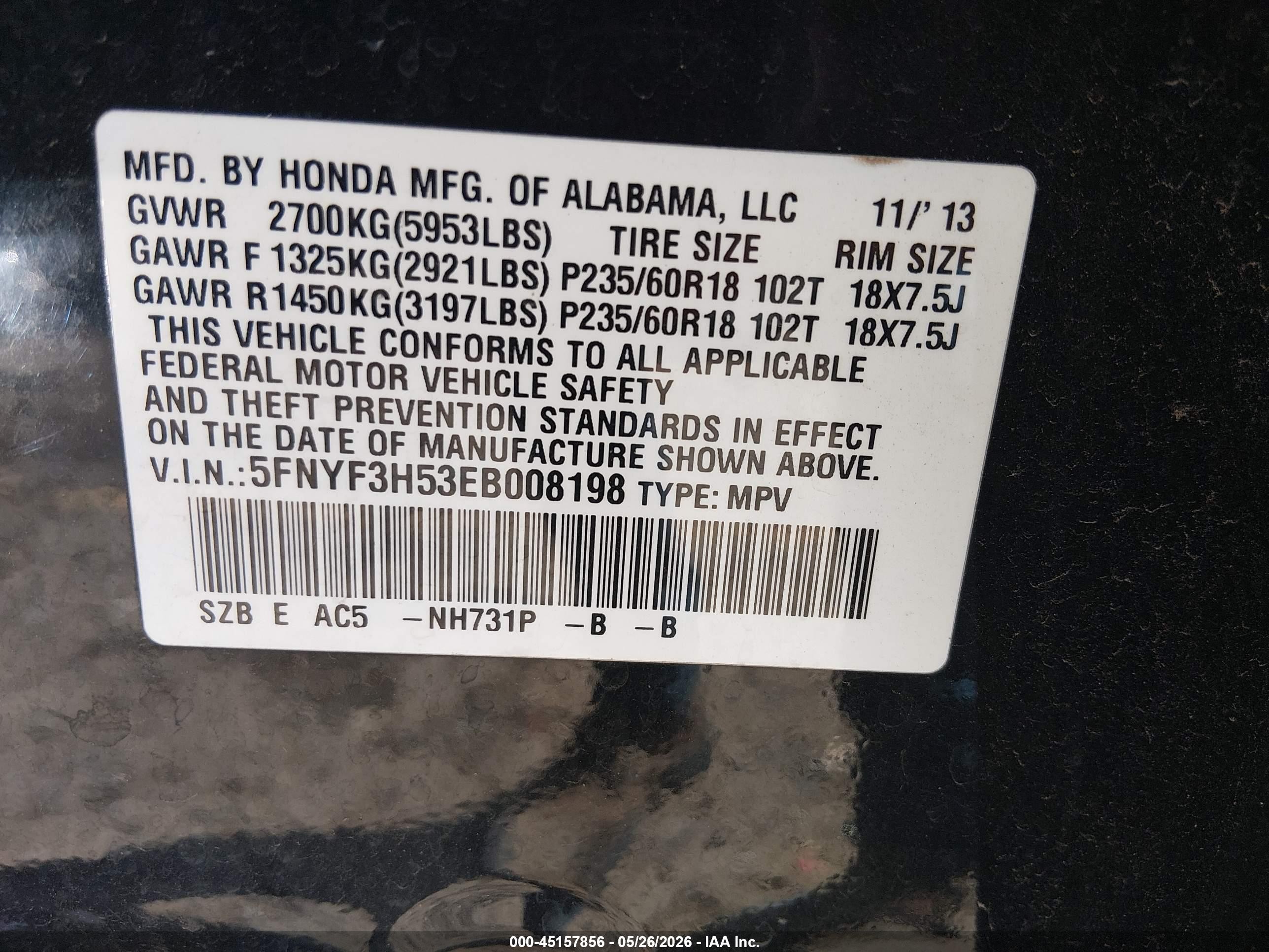 2014 Honda Pilot Ex-l Черный vin: 5FNYF3H53EB008198