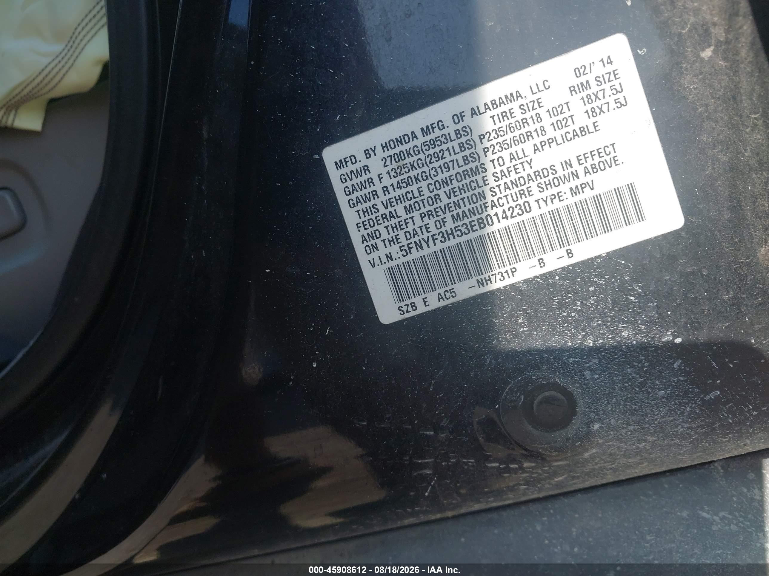 2014 Honda Pilot Ex-l Black vin: 5FNYF3H53EB014230