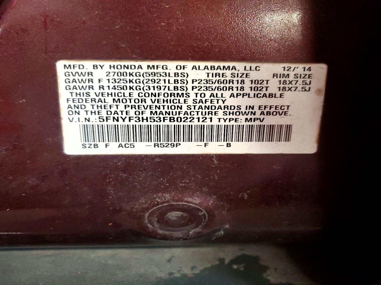 2015 Honda Pilot Exl Maroon vin: 5FNYF3H53FB022121