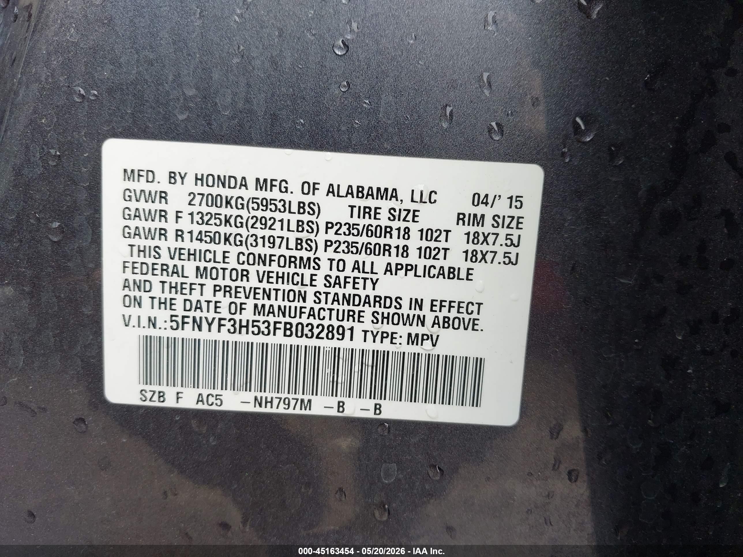 2015 Honda Pilot Ex-l Gray vin: 5FNYF3H53FB032891