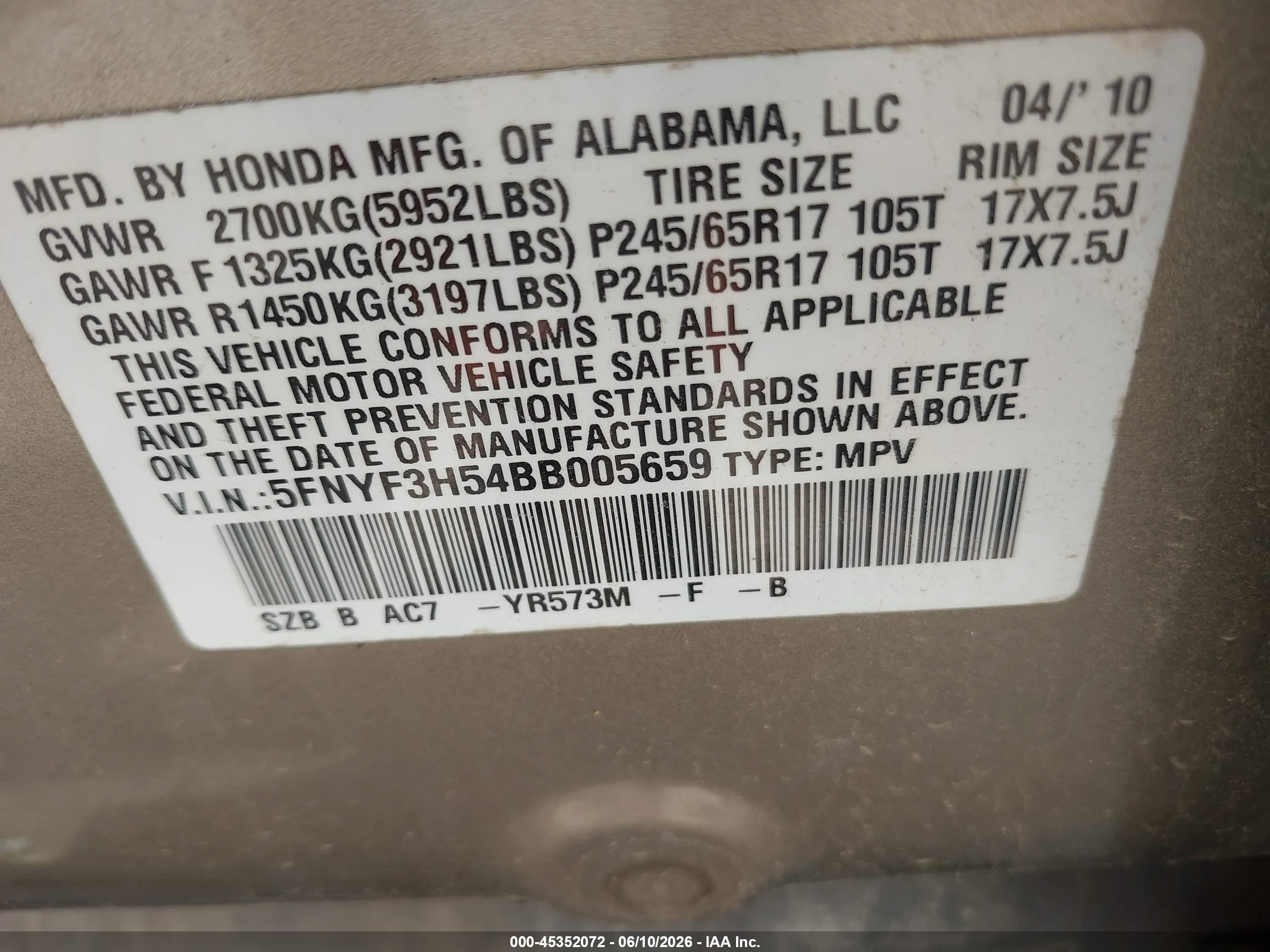 2011 Honda Pilot Ex-l Champagne vin: 5FNYF3H54BB005659