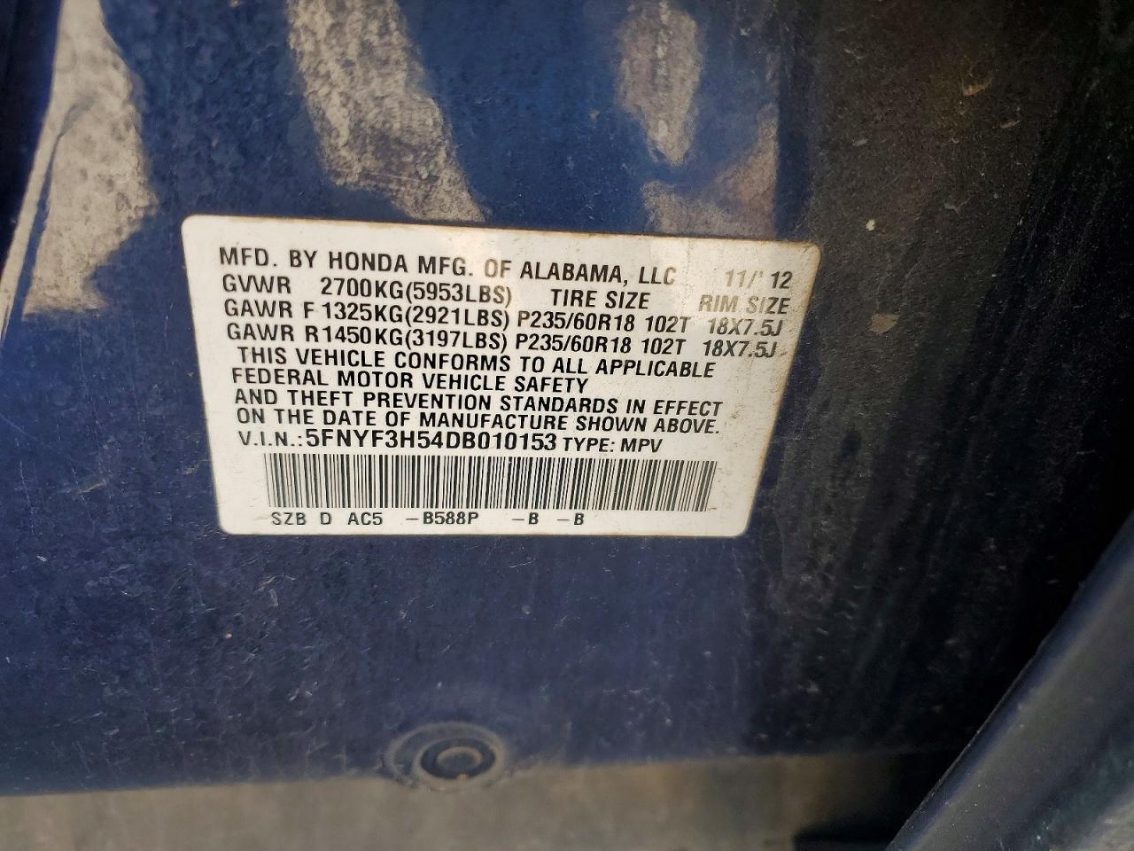 2013 Honda Pilot Exl Blue vin: 5FNYF3H54DB010153