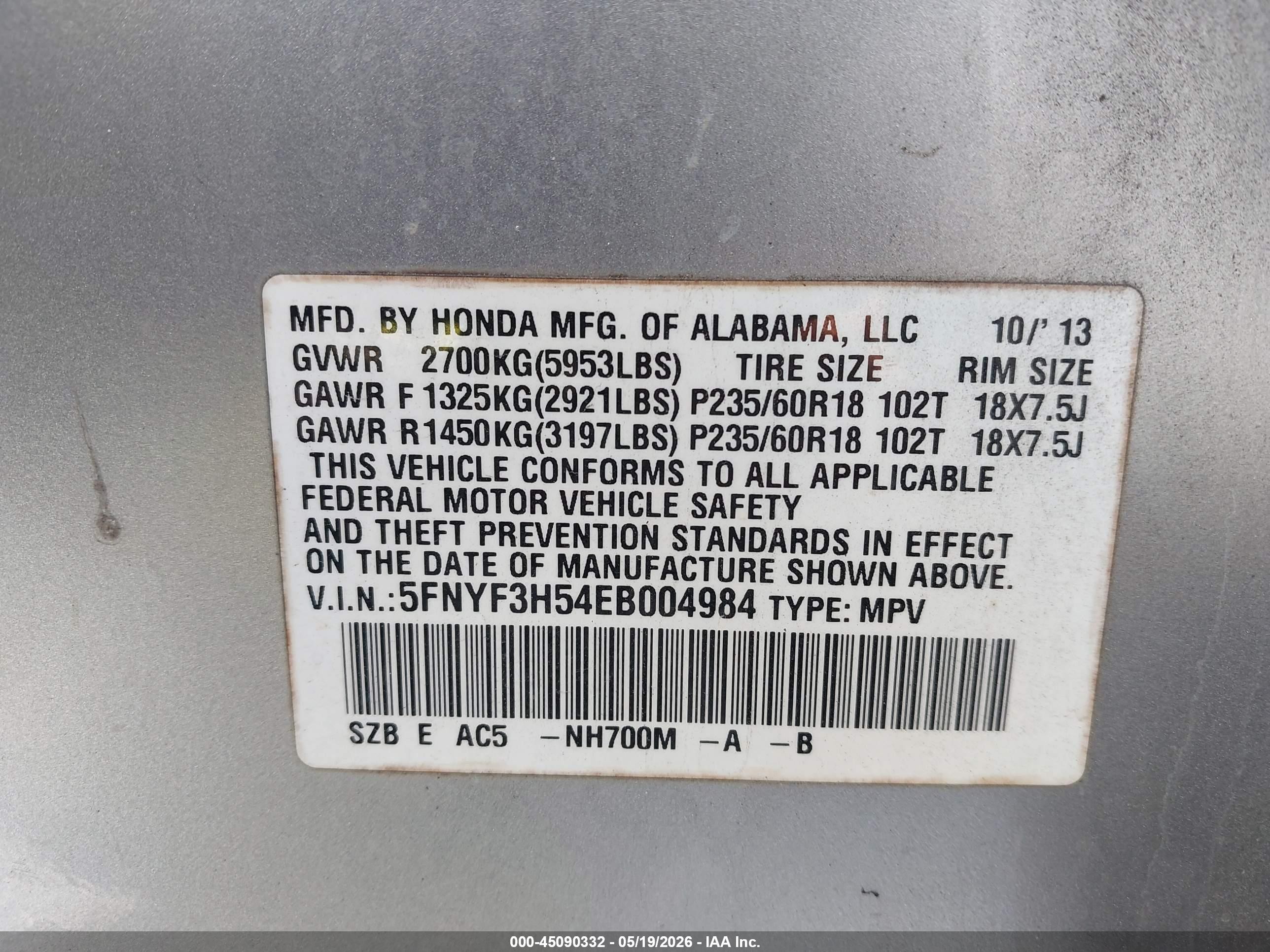 2014 Honda Pilot Ex-l Silver vin: 5FNYF3H54EB004984