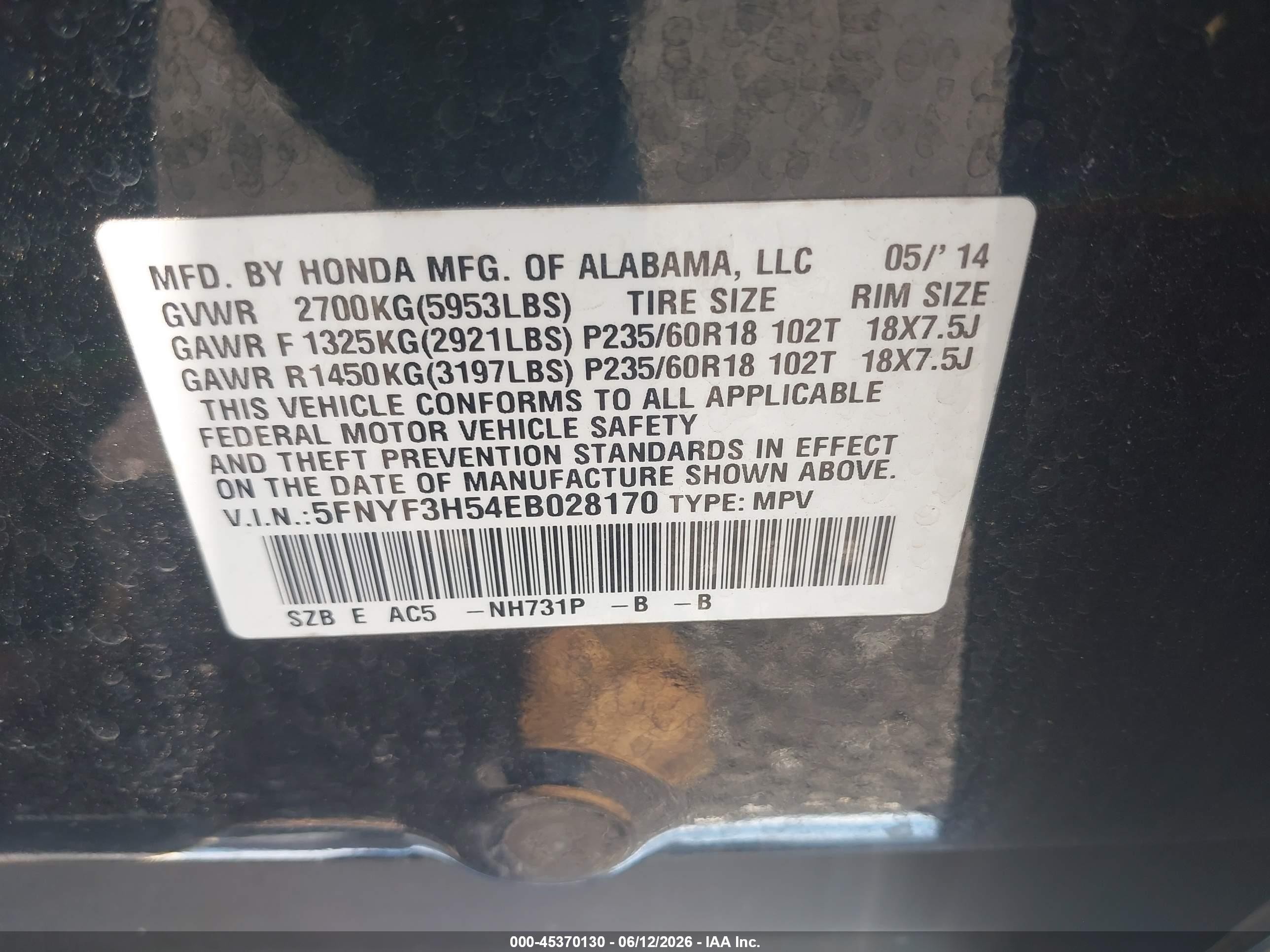 2014 Honda Pilot Ex-l Black vin: 5FNYF3H54EB028170