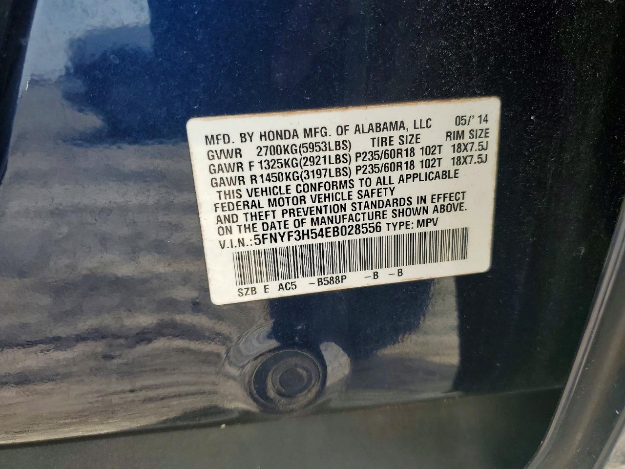 2014 Honda Pilot Exl Blue vin: 5FNYF3H54EB028556