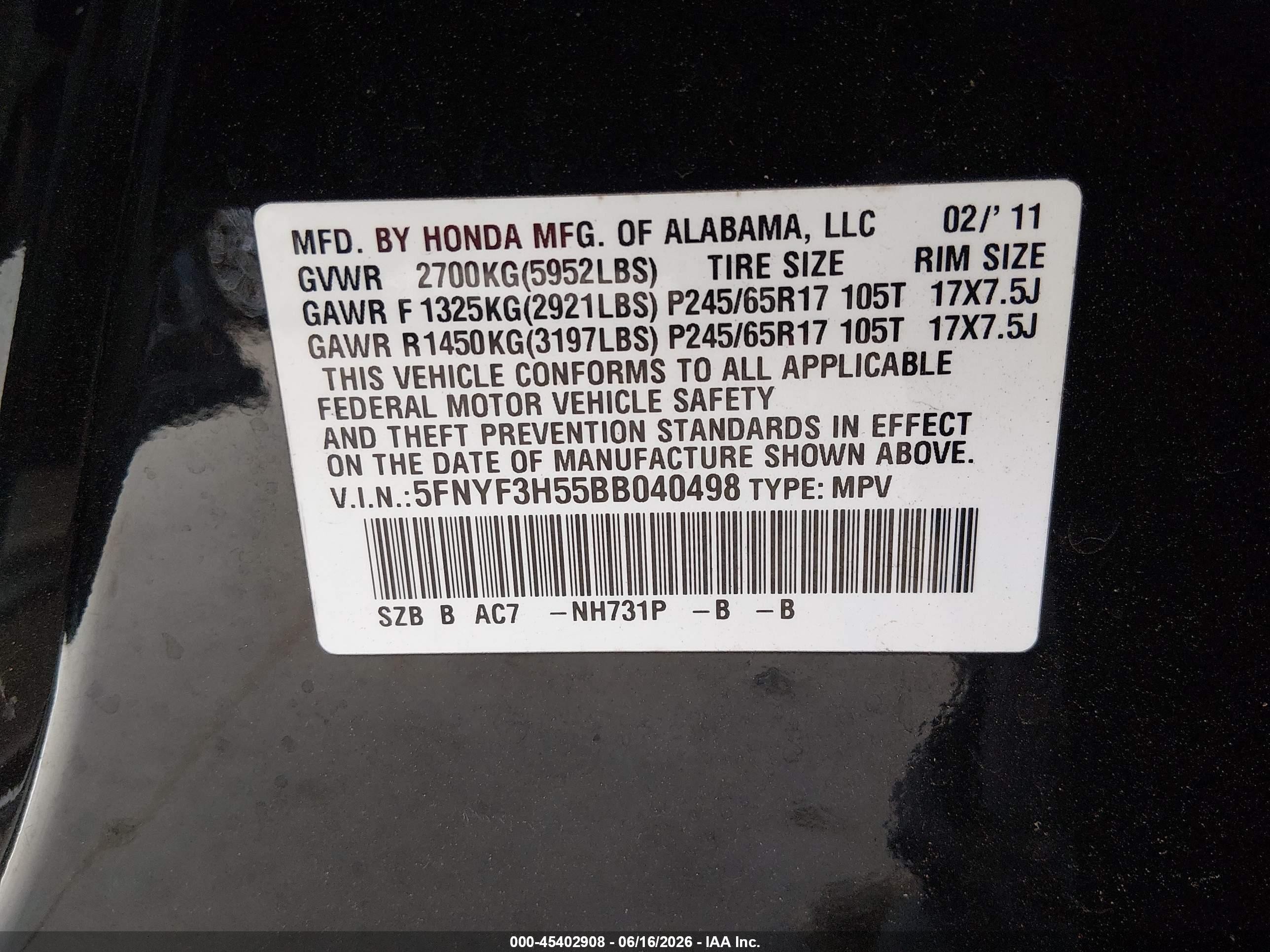 2011 Honda Pilot Ex-l Black vin: 5FNYF3H55BB040498