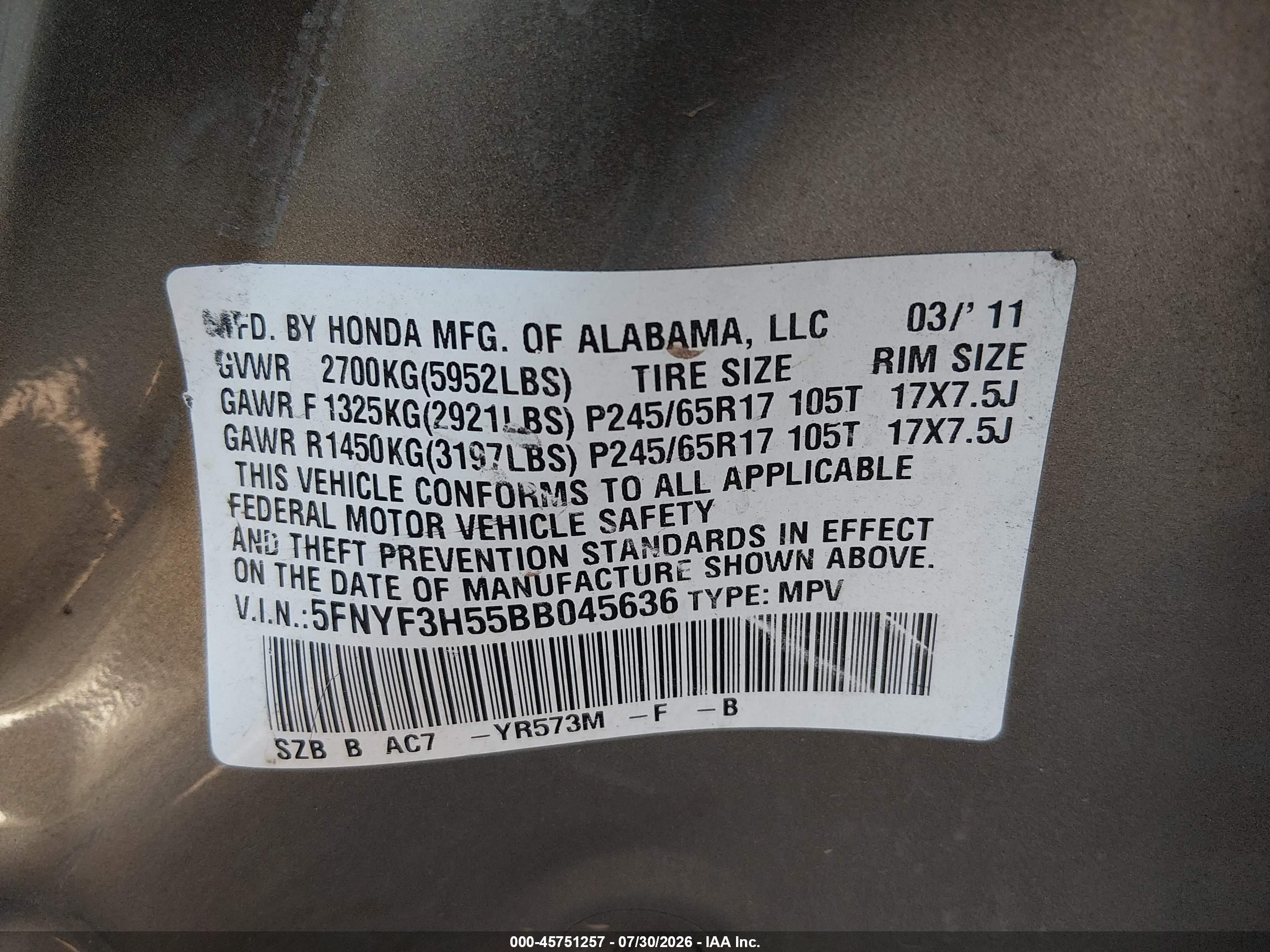 2011 Honda Pilot Ex-l Gold vin: 5FNYF3H55BB045636