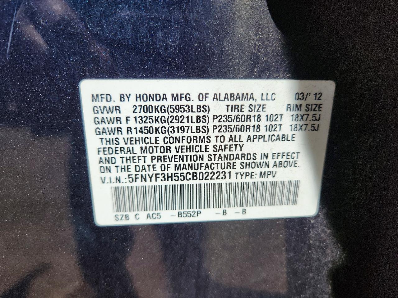 2012 Honda Pilot Exl Blue vin: 5FNYF3H55CB022231