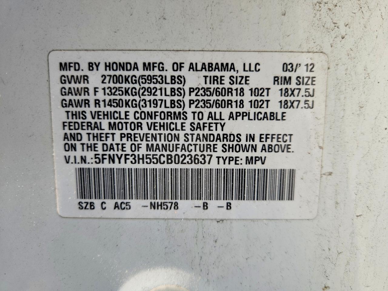 2012 Honda Pilot Exl White vin: 5FNYF3H55CB023637