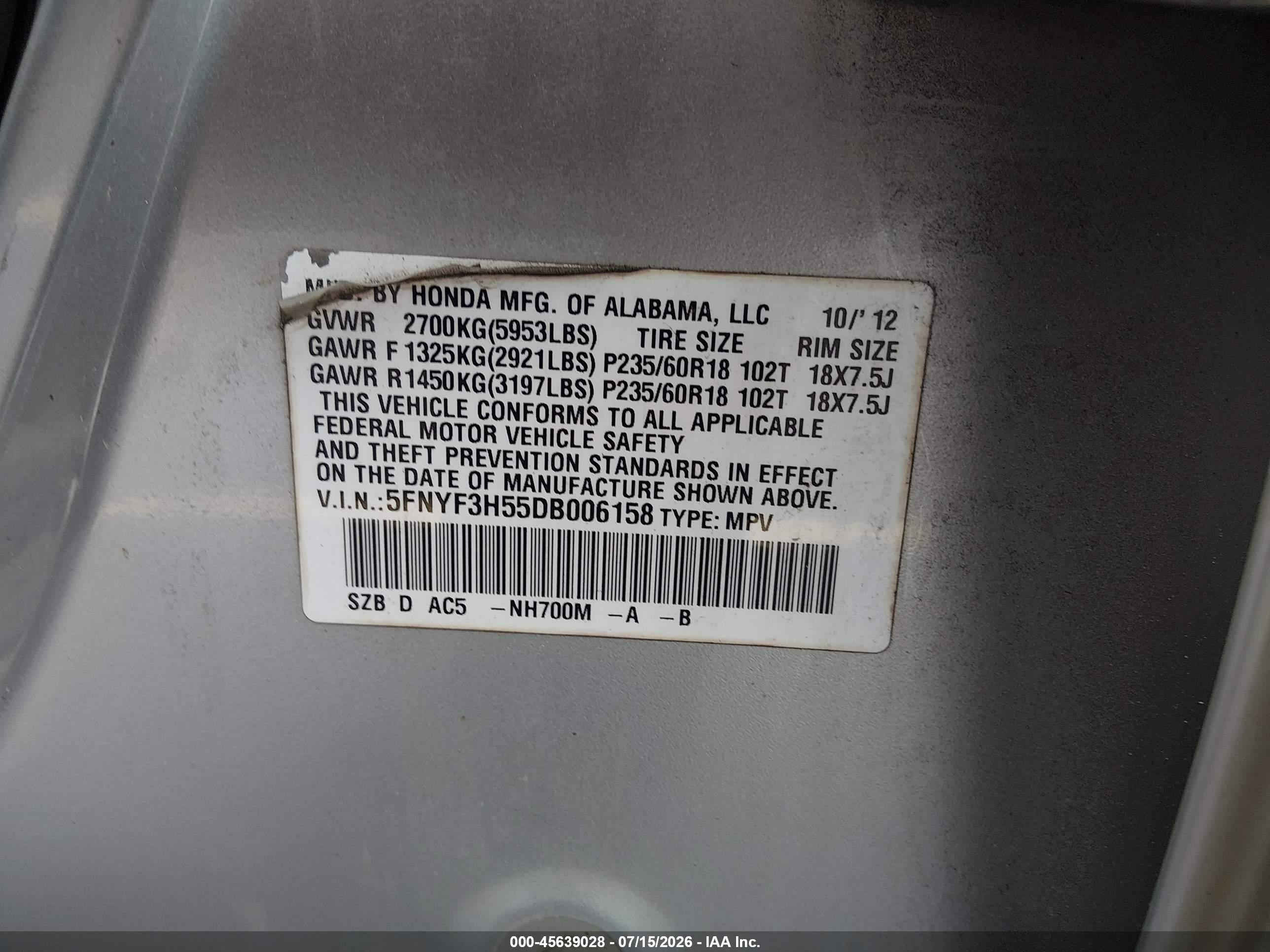 2013 Honda Pilot Ex-l Silver vin: 5FNYF3H55DB006158