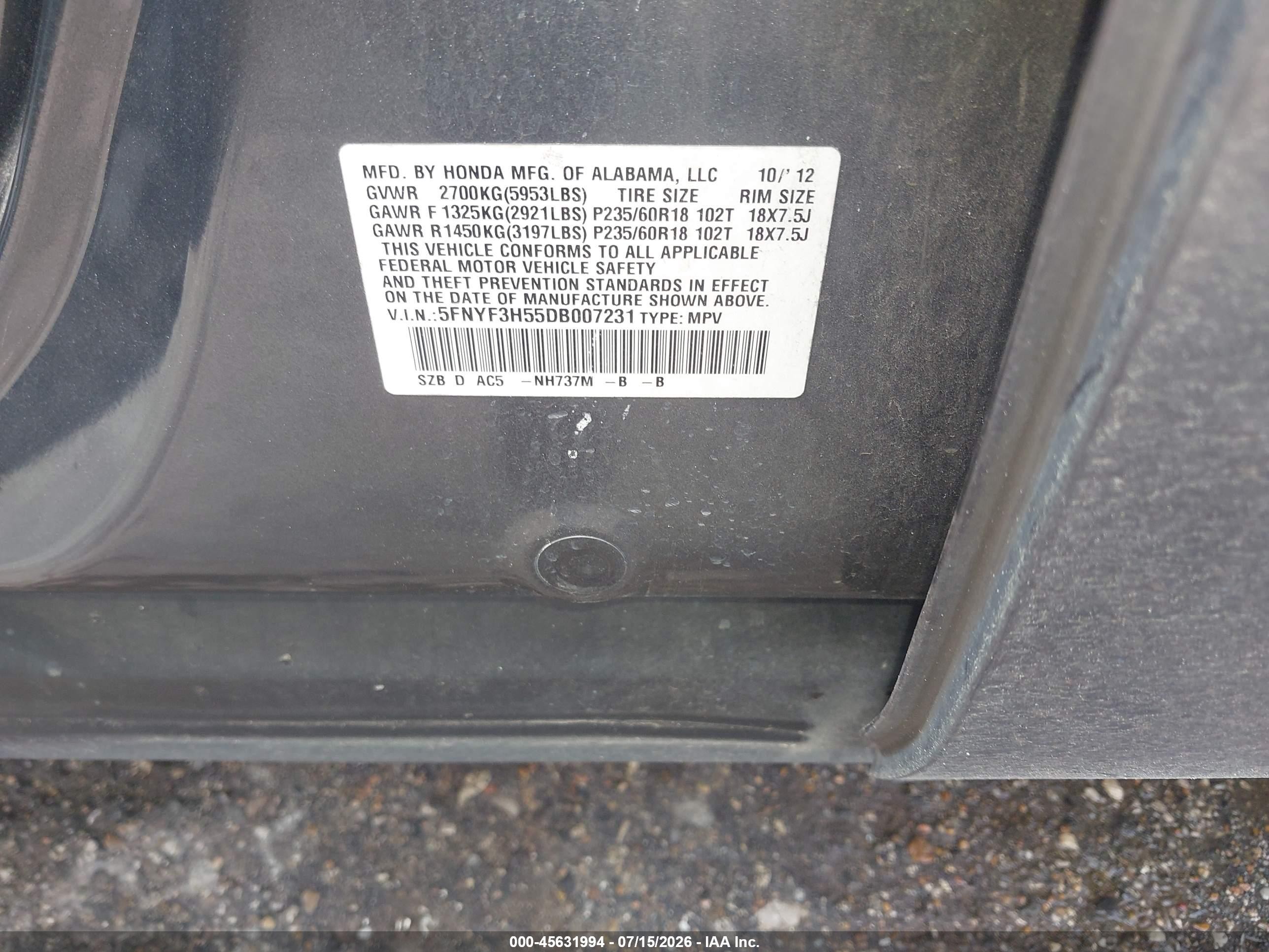 2013 Honda Pilot Ex-l Gray vin: 5FNYF3H55DB007231