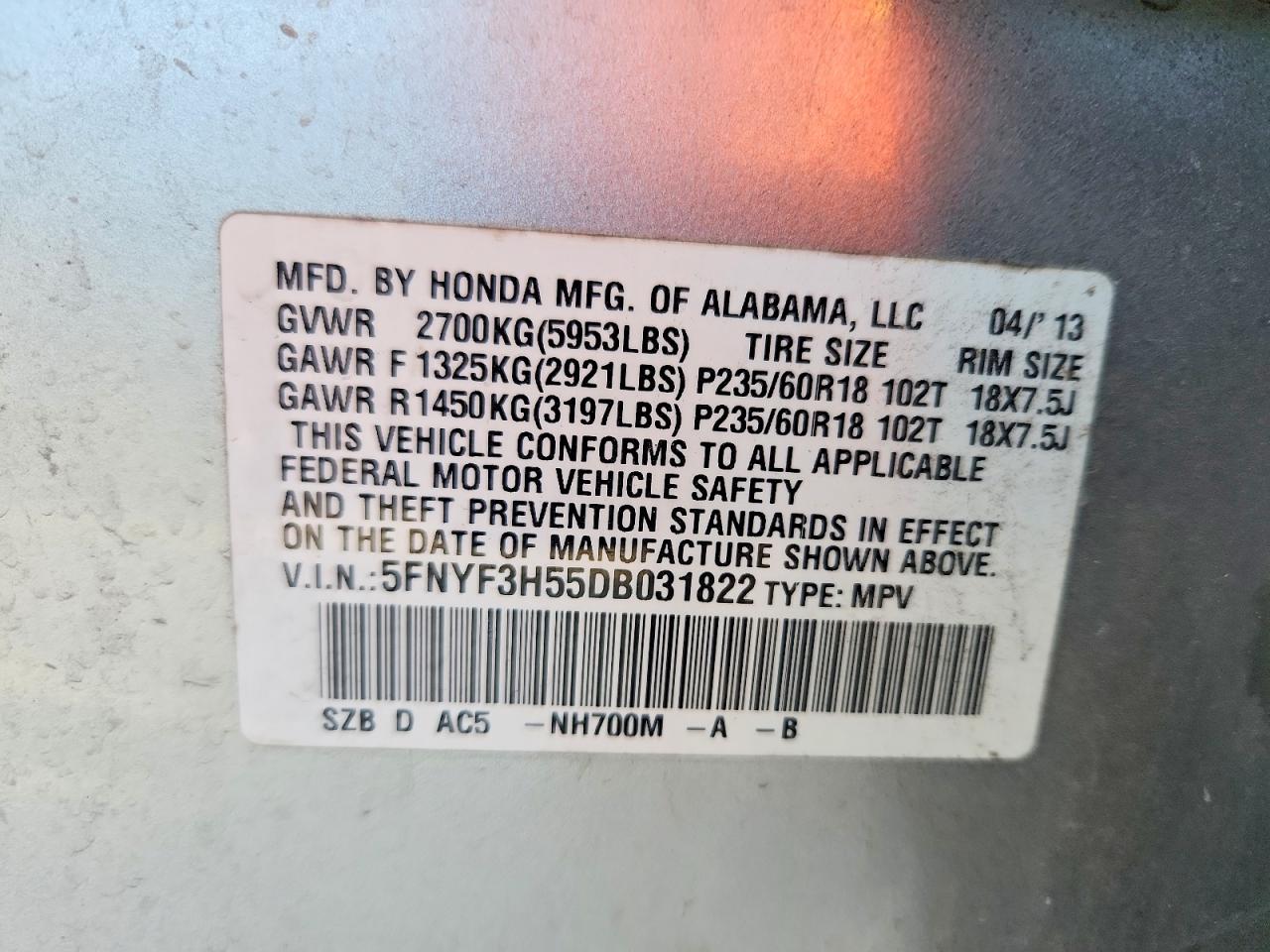 2013 Honda Pilot Exl Silver vin: 5FNYF3H55DB031822