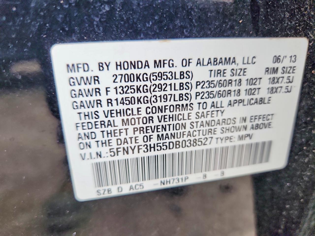 2013 Honda Pilot Exl Black vin: 5FNYF3H55DB038527
