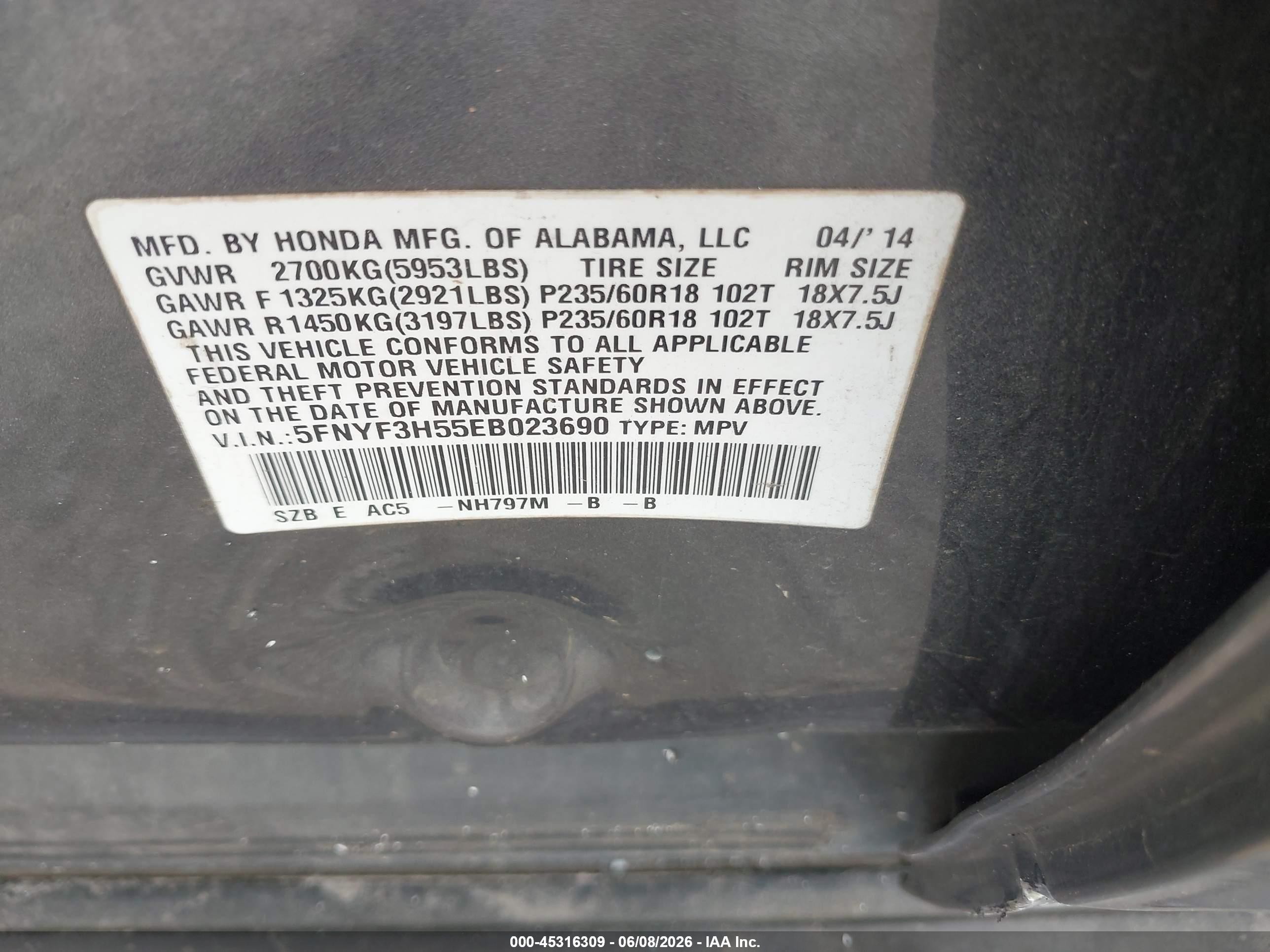 2014 Honda Pilot Ex-l Silver vin: 5FNYF3H55EB023690