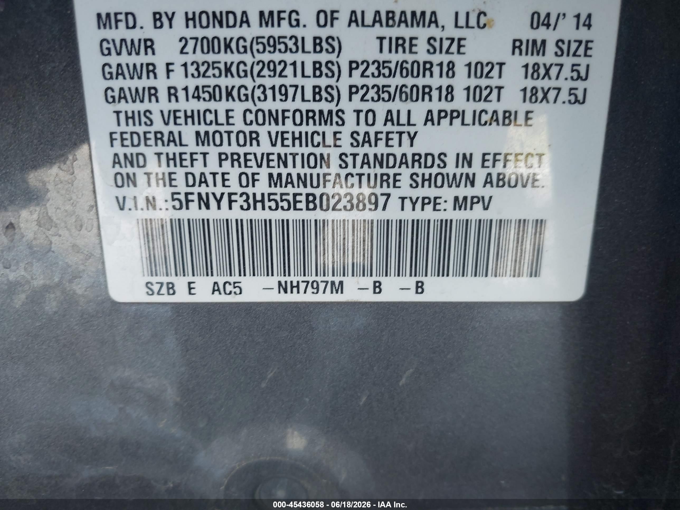 2014 Honda Pilot Ex-l Gray vin: 5FNYF3H55EB023897