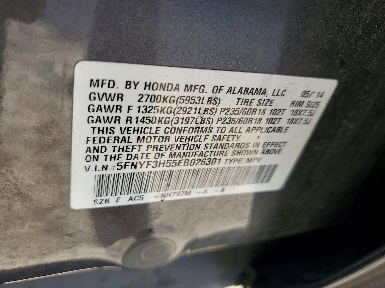 2014 Honda Pilot Exl Gray vin: 5FNYF3H55EB026301
