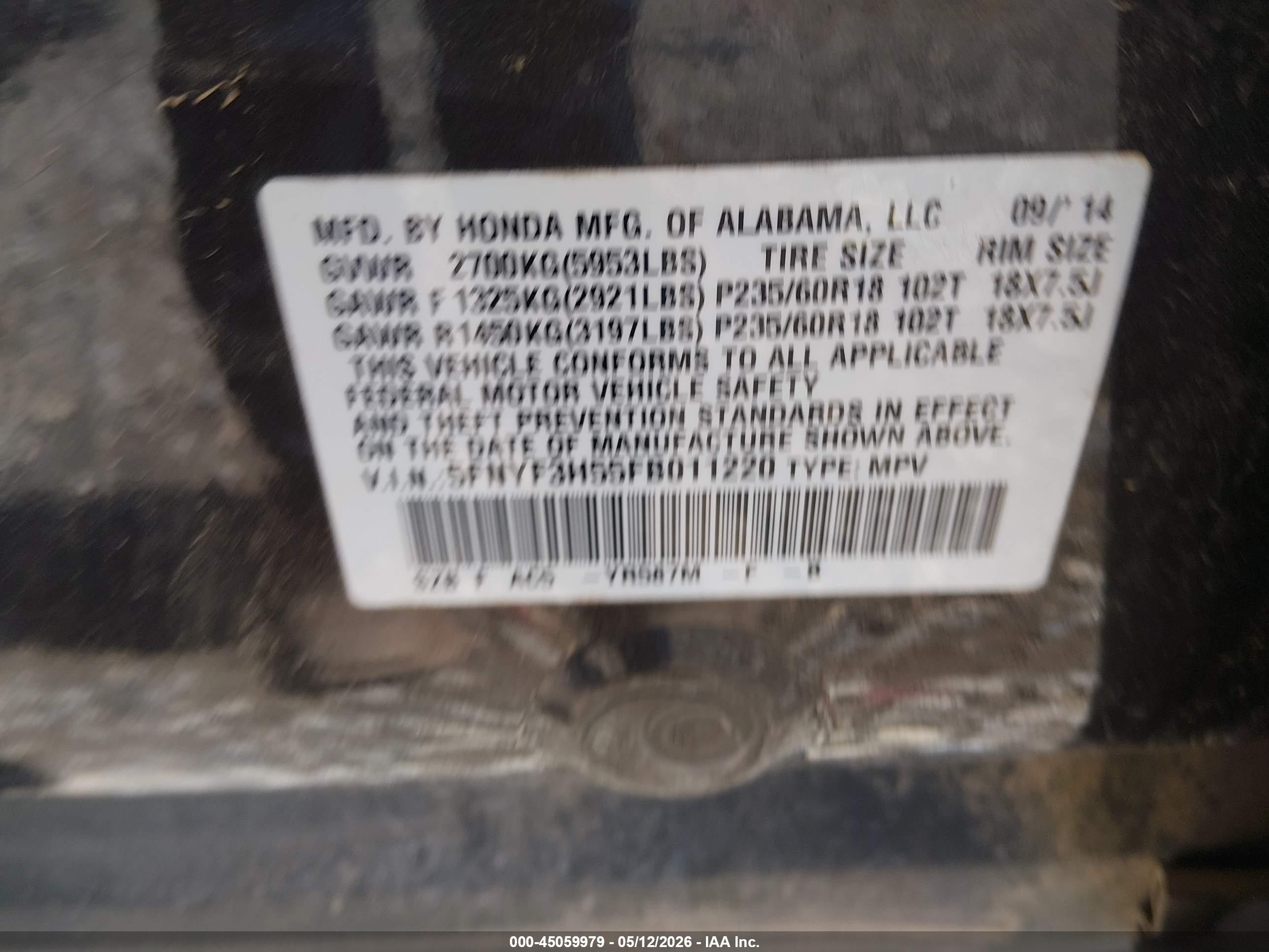 2015 Honda Pilot Ex-l Gray vin: 5FNYF3H55FB011220