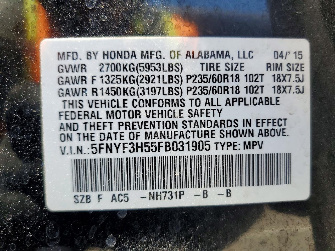 2015 Honda Pilot Exl Черный vin: 5FNYF3H55FB031905