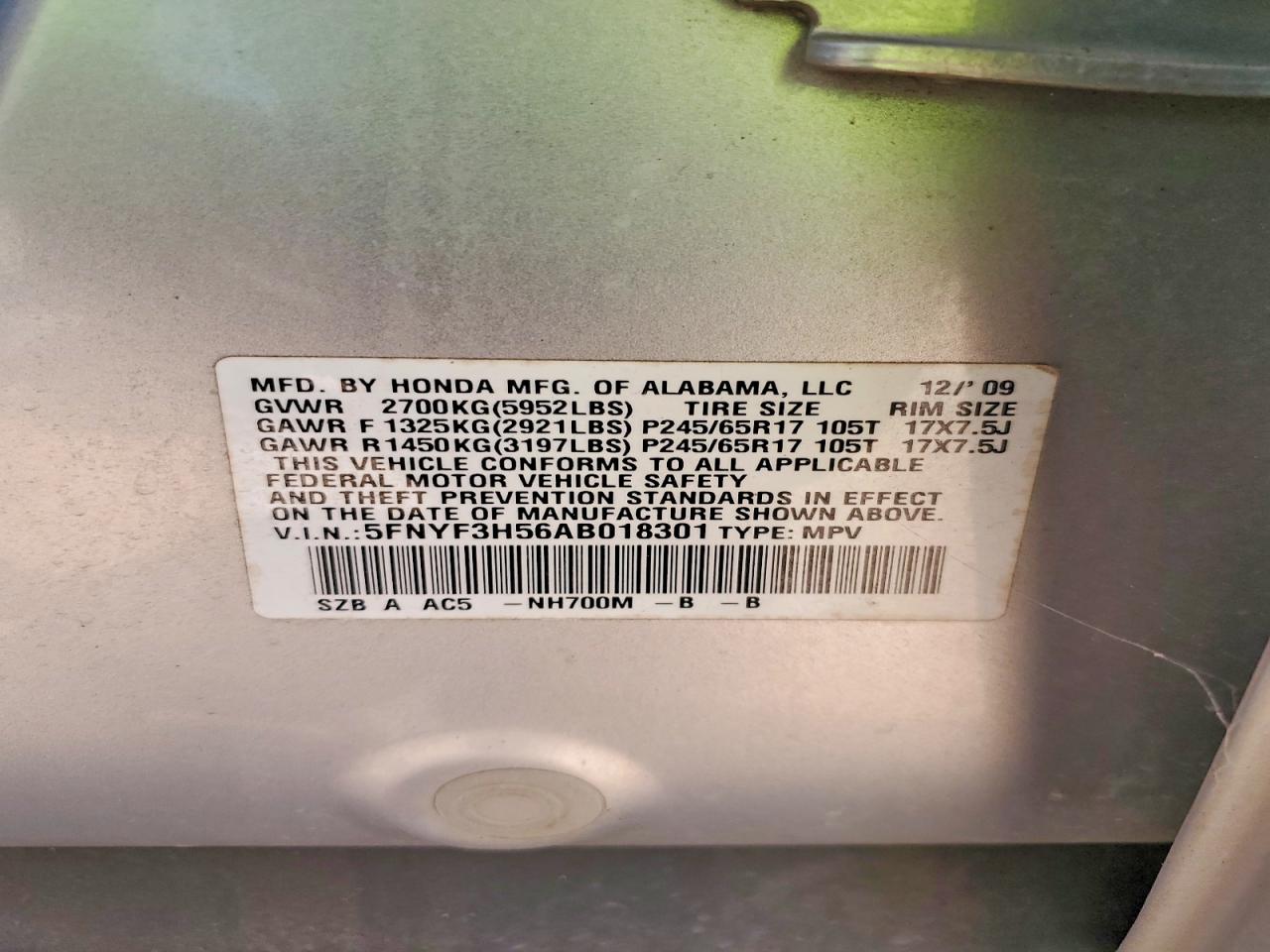 2010 Honda Pilot Exl Silver vin: 5FNYF3H56AB018301