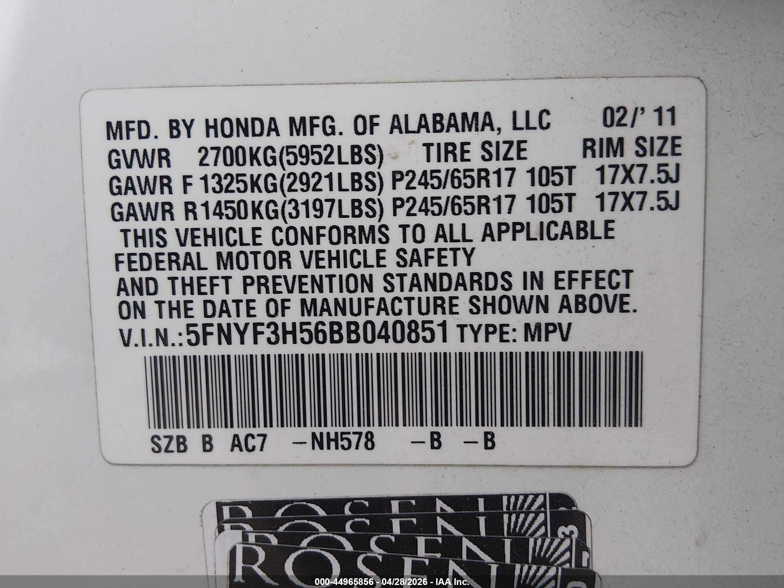 2011 Honda Pilot Ex-l White vin: 5FNYF3H56BB040851