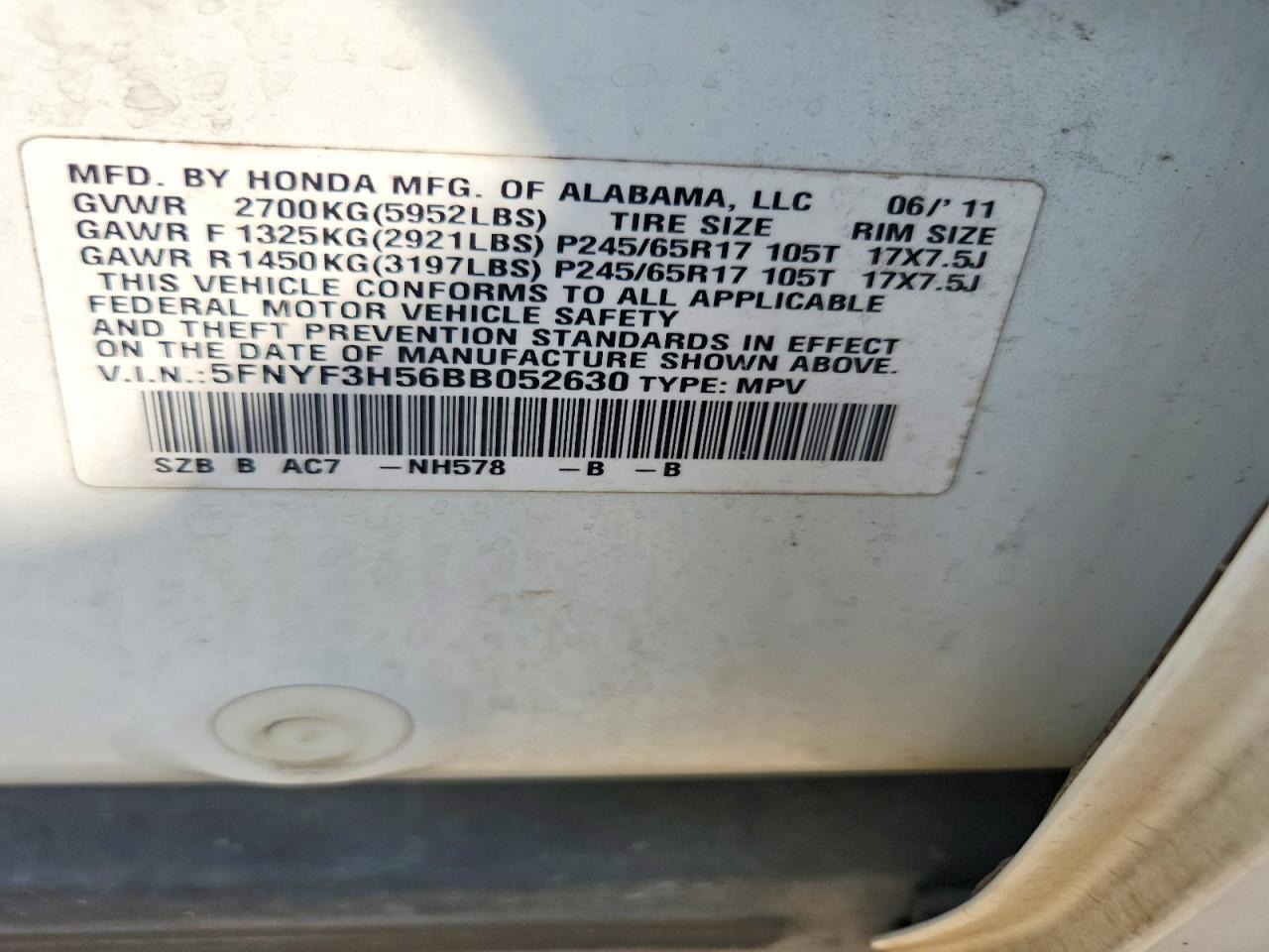 2011 Honda Pilot Exl White vin: 5FNYF3H56BB052630