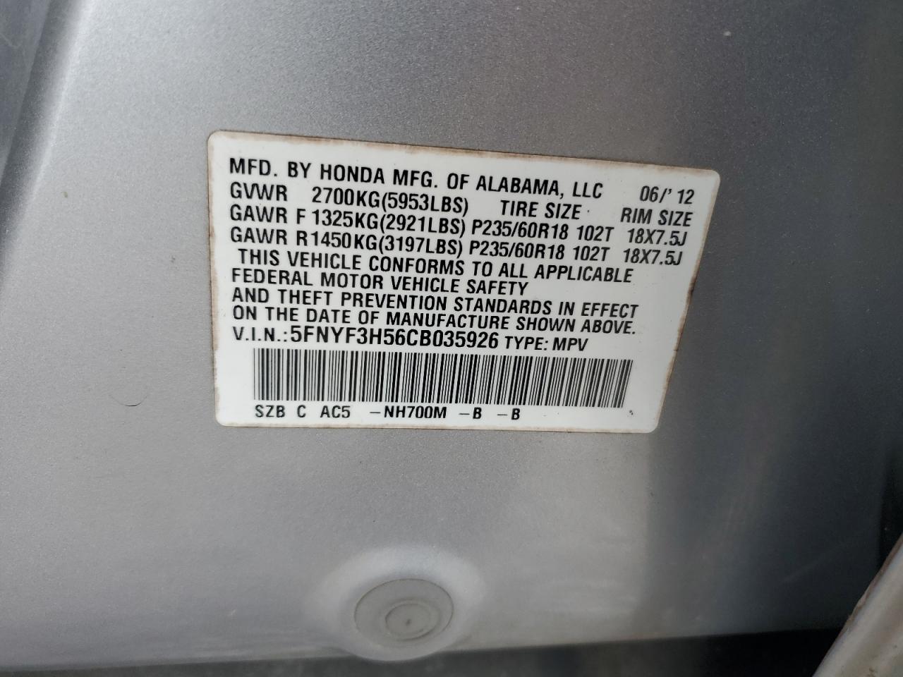 2012 Honda Pilot Exl Silver vin: 5FNYF3H56CB035926