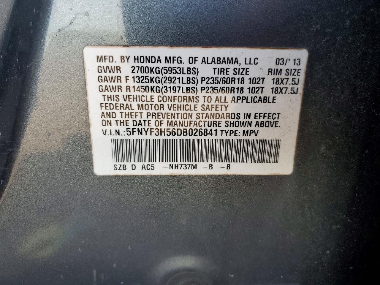 2013 Honda Pilot Exl Gray vin: 5FNYF3H56DB026841